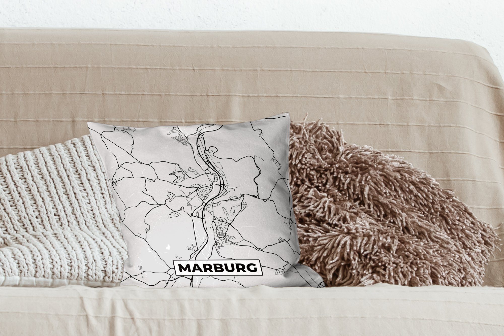 MuchoWow Dekokissen Zierkissen - - Wohzimmer, - Marburg Schlafzimmer, Stadtplan Sofakissen Deutschland, Karte mit Deko, Füllung für