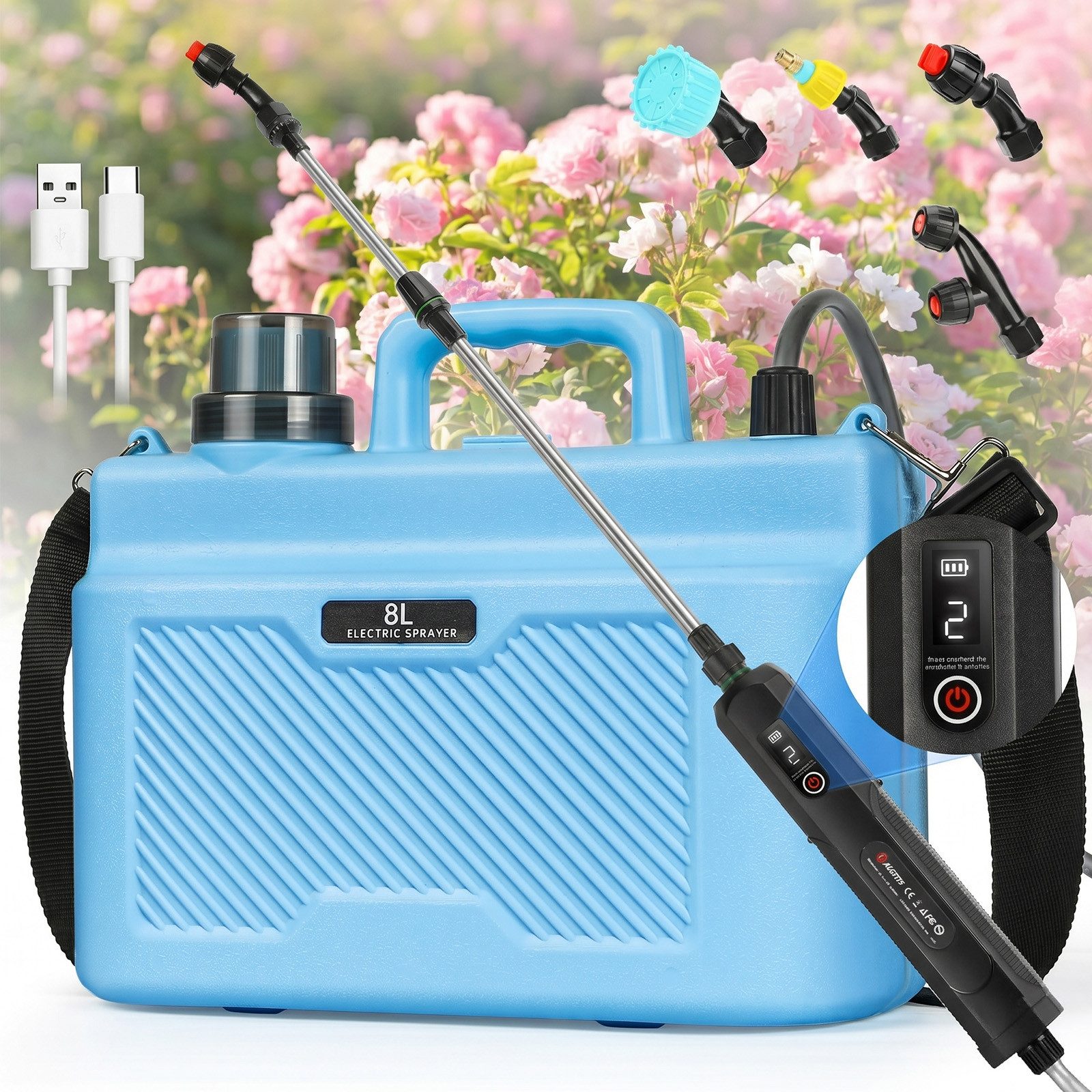 Rosnek Akku-Drucksprühgerät 8L mit Akku, elektrisch & automatisch, 3 Stufen, 4 Düsen, Verstellbarer Schultergurt, für Garten, Rasen & Pflanzenpflege