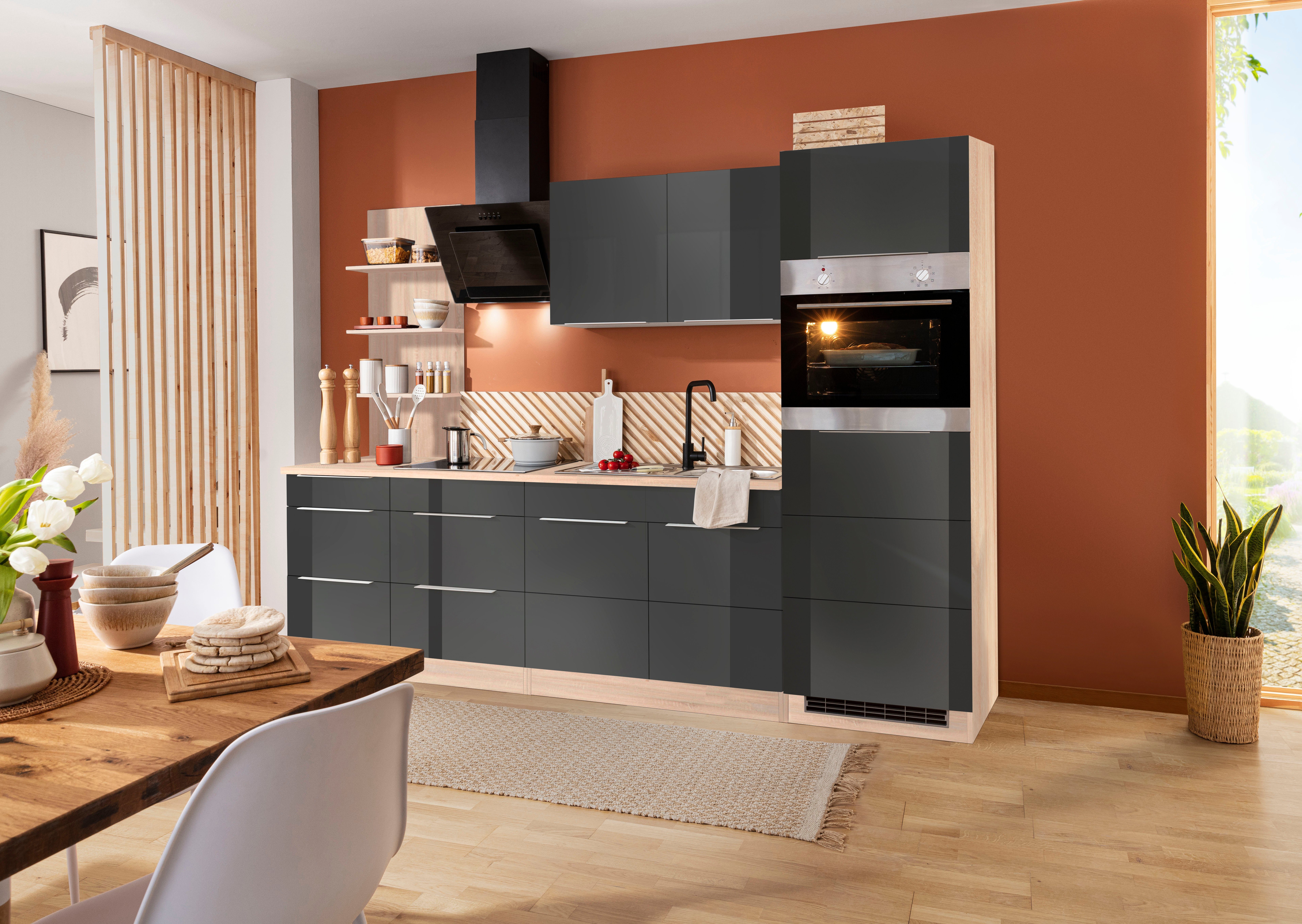 KOCHSTATION Küchenzeile KS-Brindisi Breite 270 cm, wahlweise mit E-Geräten und Induktion, mit MDF-Fronten und Regal