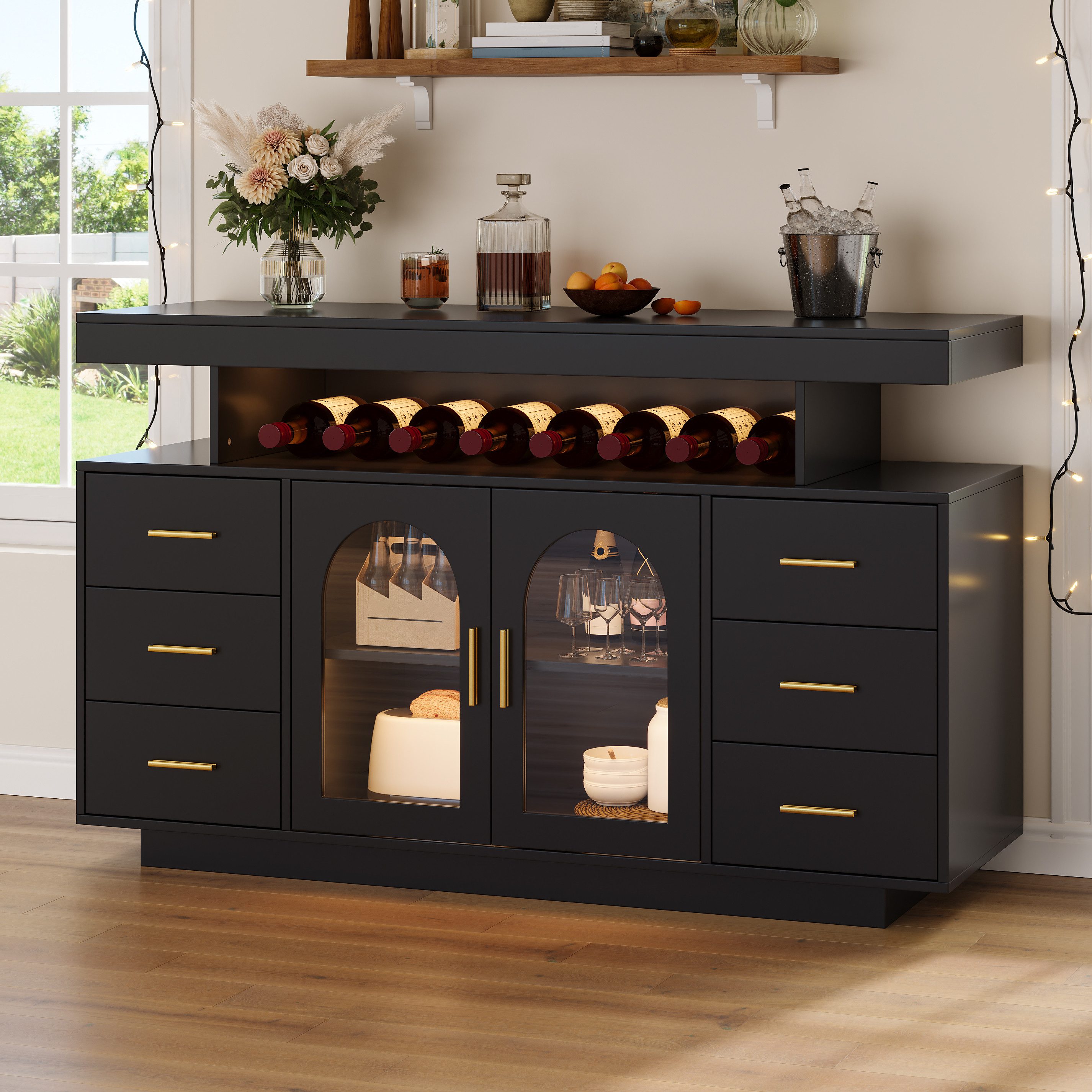 Flieks Kommode Weinschrank mit LED-Beleuchtung, 6 Schubladen, 2 Glastüren Sideboard (B140/T40/H82 cm, 1 St., Schrank für Wohnzimmer, Esszimmer, Schlafzimmer), Mehrzweckschrank Multifunktionsschrank mit Arbeitsplatte Schwarz