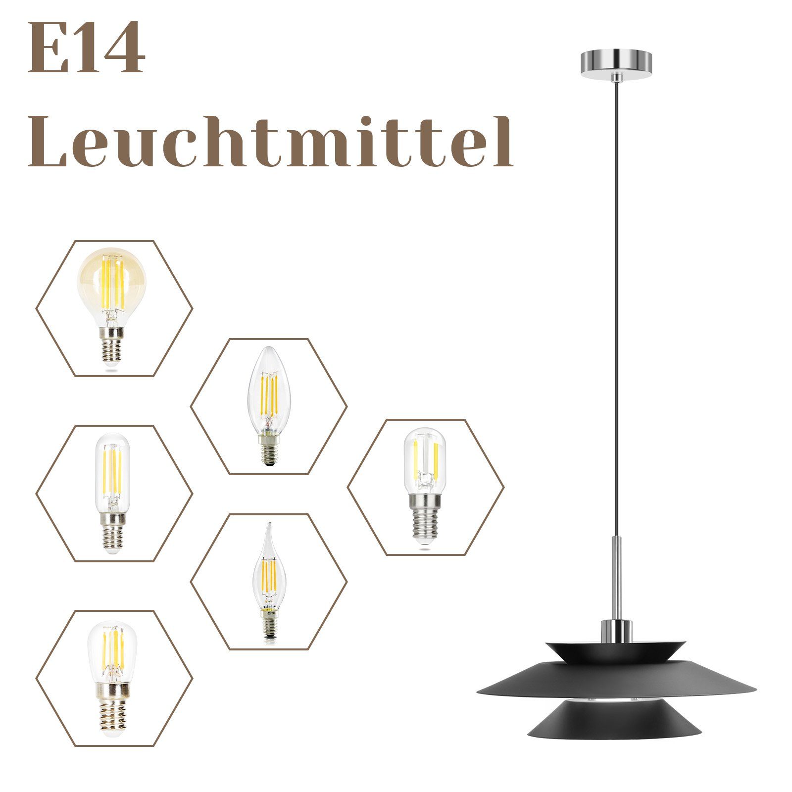 Nettlife Pendelleuchte Hängeleuchte E14 Esszimmer Küche wechselbar, LED Schwarz schlafzimmer für Esstisch Vintage Hängelampe Höhenverstellbar, Wohnzimmer ‎Schwarz Metall