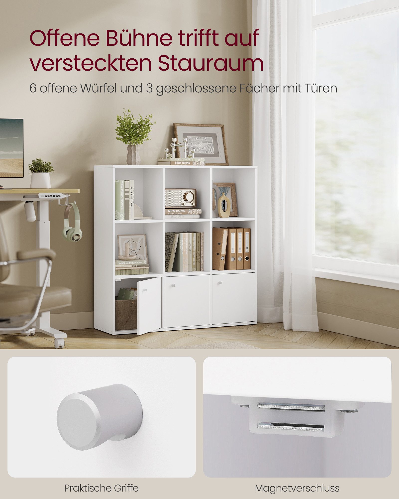 VASAGLE Bücherregal, Bücherschrank, Büro, mit 3 Türen, weiß