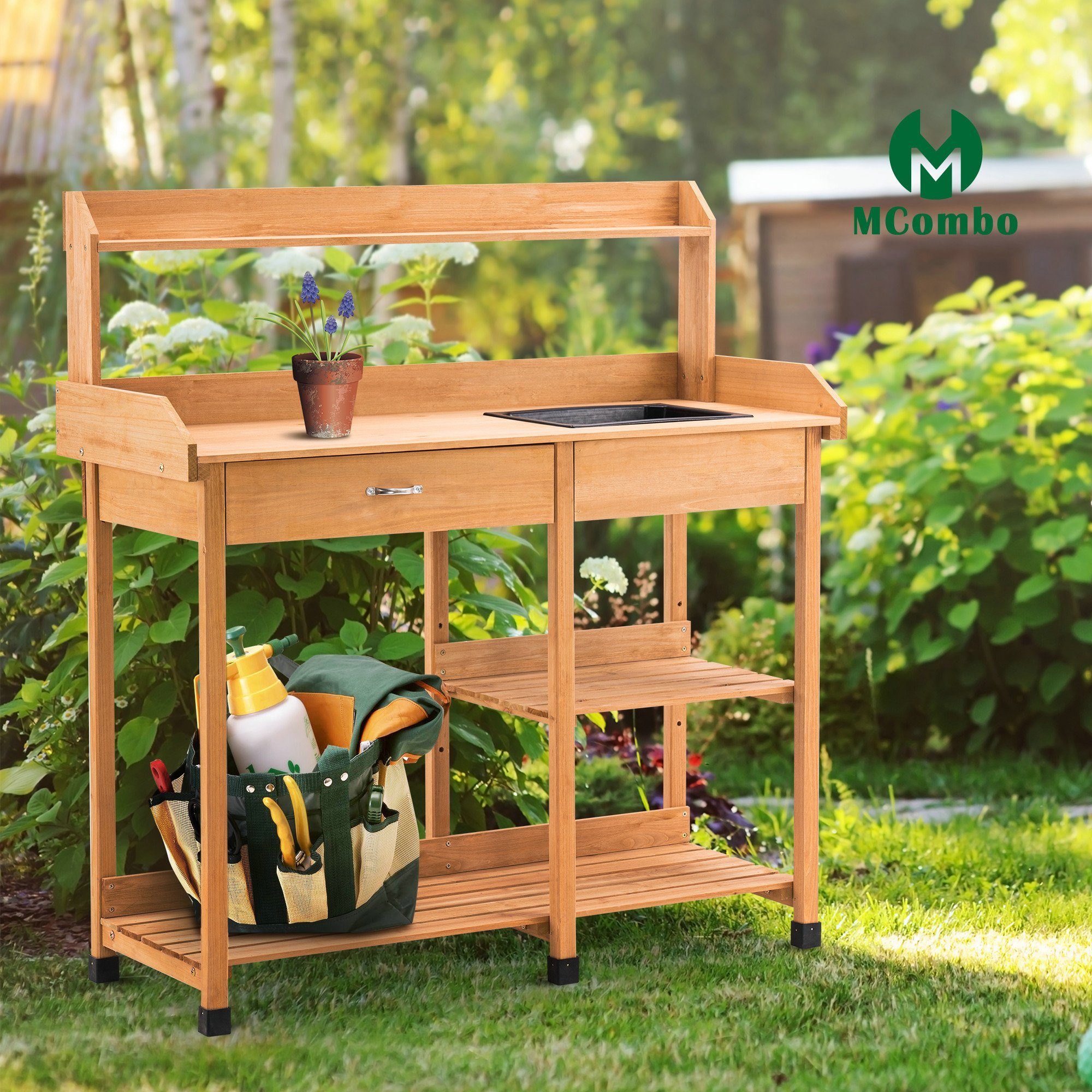 MCombo Pflanztisch MCombo Pflanztisch Gärtnertisch Blumentisch 0458, mit Waschbecken Schublade, Wetterfest, Holz, 115 x 45 x 121 cm