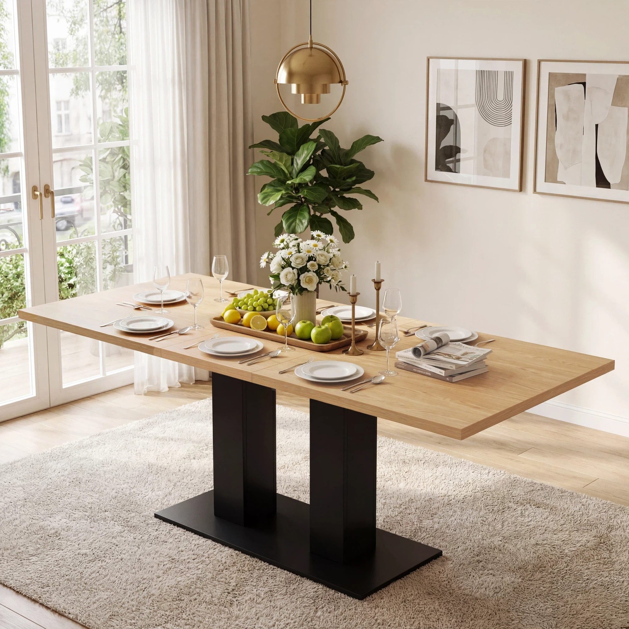 Flieks Esstisch (Länge 140-180/T70/H75 cm, Tischplattenstärke 3cm, 1-St., 1 Tisch), ausziehbarer Küchentisch rechteckig Bürotisch Holzptik Natur&Schwarz