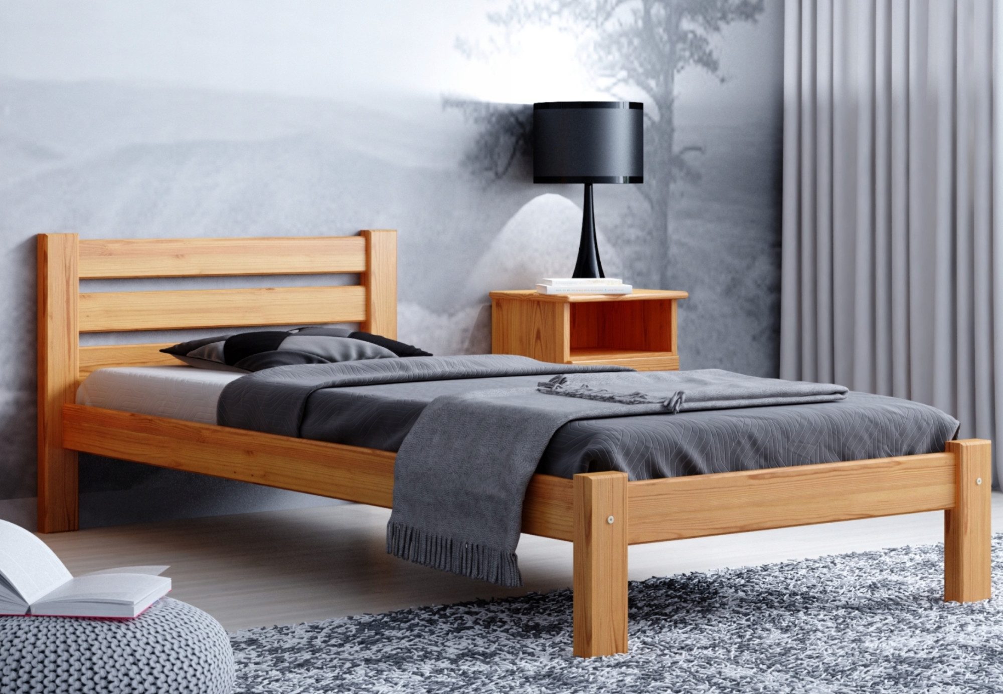 Home Collective Holzbett Einzelbett Massivholz Bett mit Massive Bettbeine & Lattenrost, 210x102x72 cm, Eiche