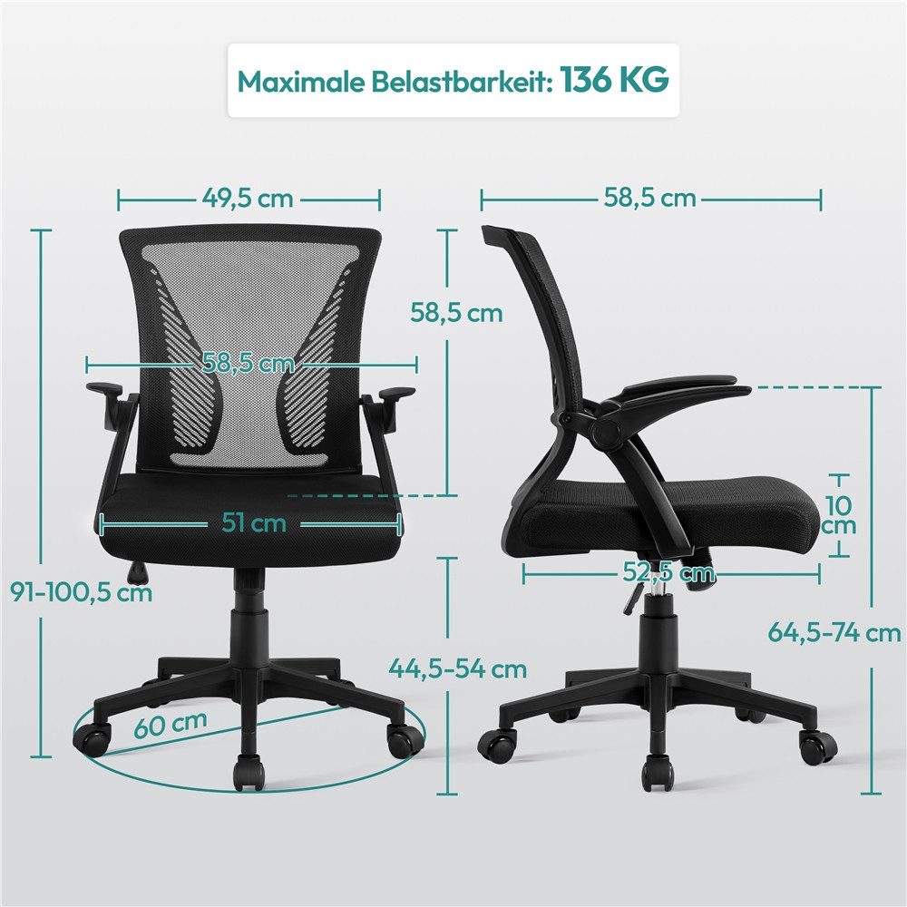 Yaheetech Bürostuhl aus Mesh-Gewebe Höhenverstellbarer Schreibtischstuhl, Ergonomischer Drehstuhl Arbeitsstuhl mit Hochklappbaren Armlehnen – Bild 4 von 5