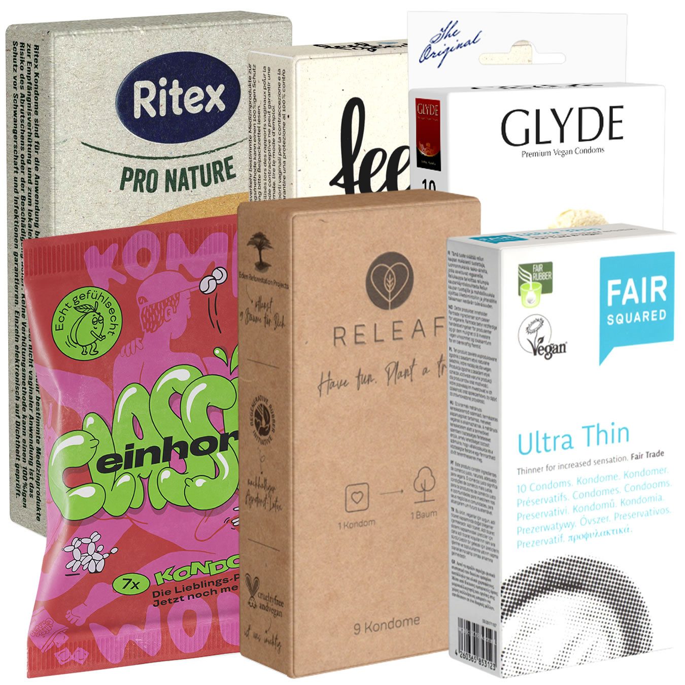 Kondomotheke Kondome VEGAN Pack Spar-Set, 54 St., verschiedene Kondome, Probierset, Testset, vegane Kondome ohne Tierleid