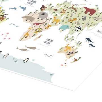 Posterlounge Poster Marta Munte, Kinder Weltkarte mit Tieren (weiß), Kinderzimmer Maritim Illustration