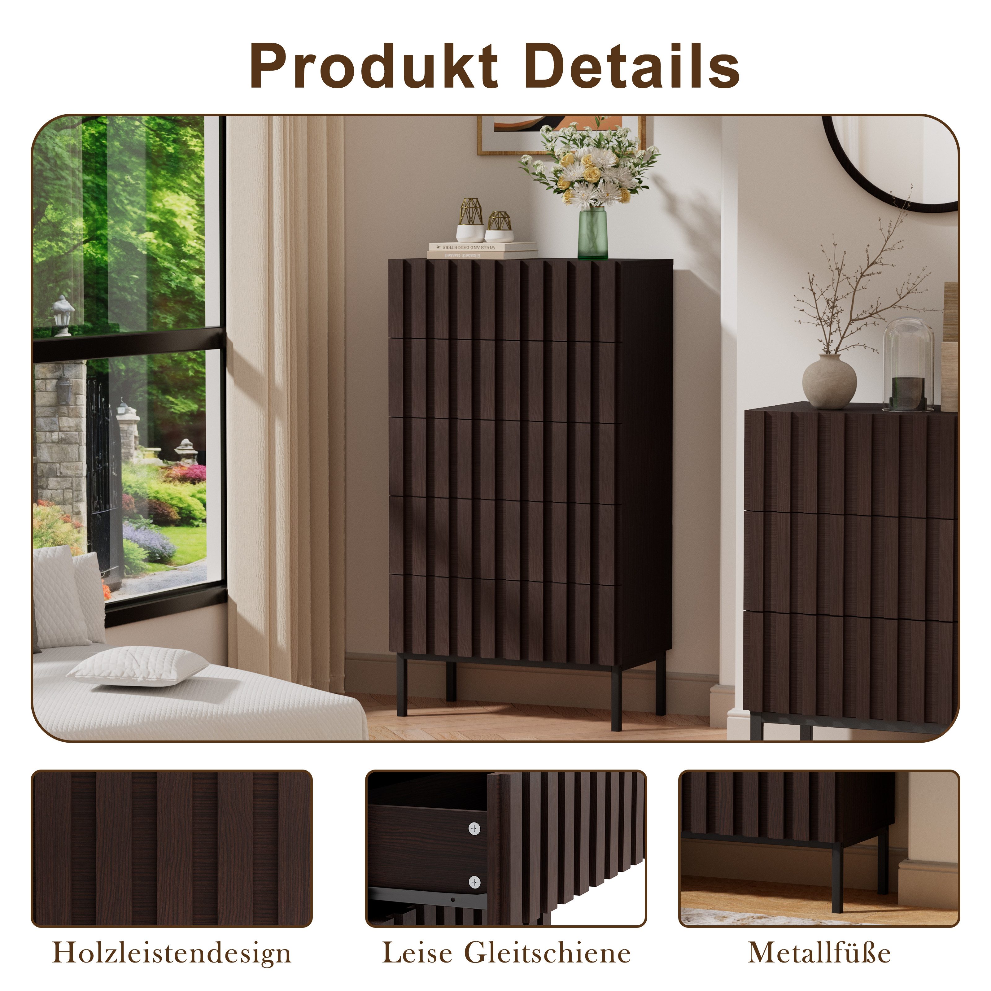 UEV Kommode schmal mit 4/5 Schublanden Sideboard Beistellschrank Buffet (Aufbewahrungskommode, Mehrzweckschrank aus Holz(Natur/Schwarz/Dunkelbraun), Schrank für Wohnzimmer,Schlafzimmer,Flur