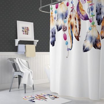 Ekershop Duschvorhang Textil Digitaldruck BUNTE FEDERN für Duschstange Breite 240 cm (inkl. Ringe), Höhe 200 cm, wasserabweisend, waschbar, bügelbar