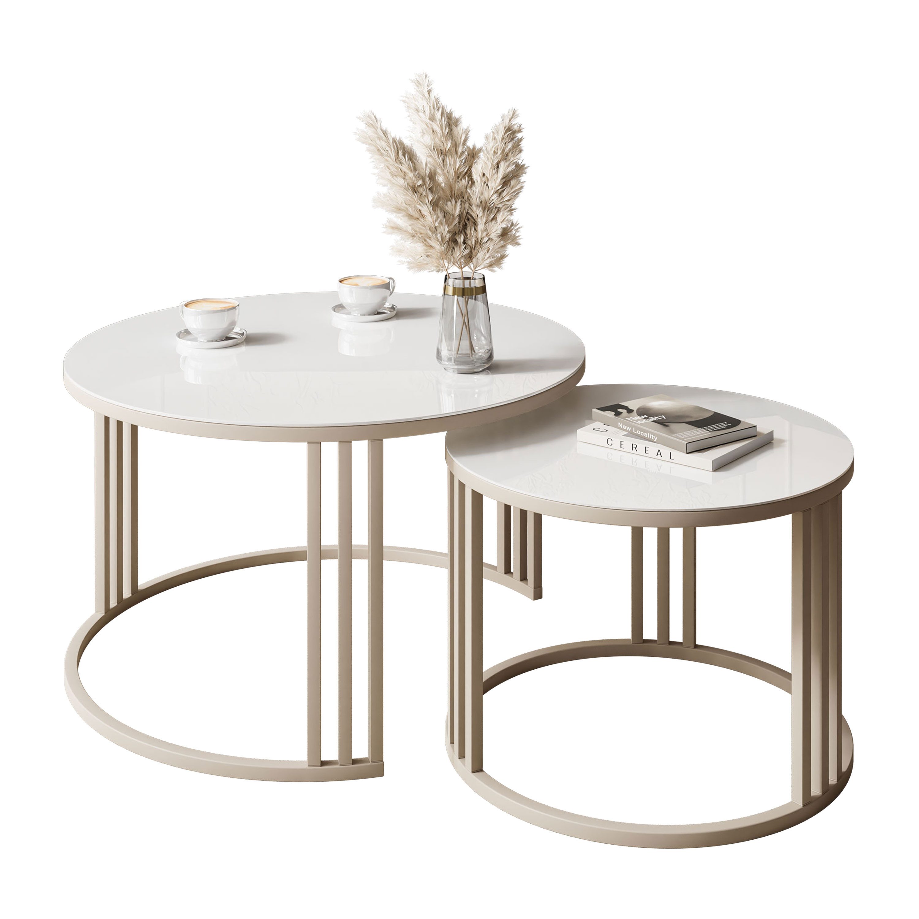 Lookway Couchtisch LORI 2in1 GLASS, runder Couchtisch mit kaschmirfarbenem Gestell (2er Set), Durchmesser: ⌀70 cm und ⌀50 cm