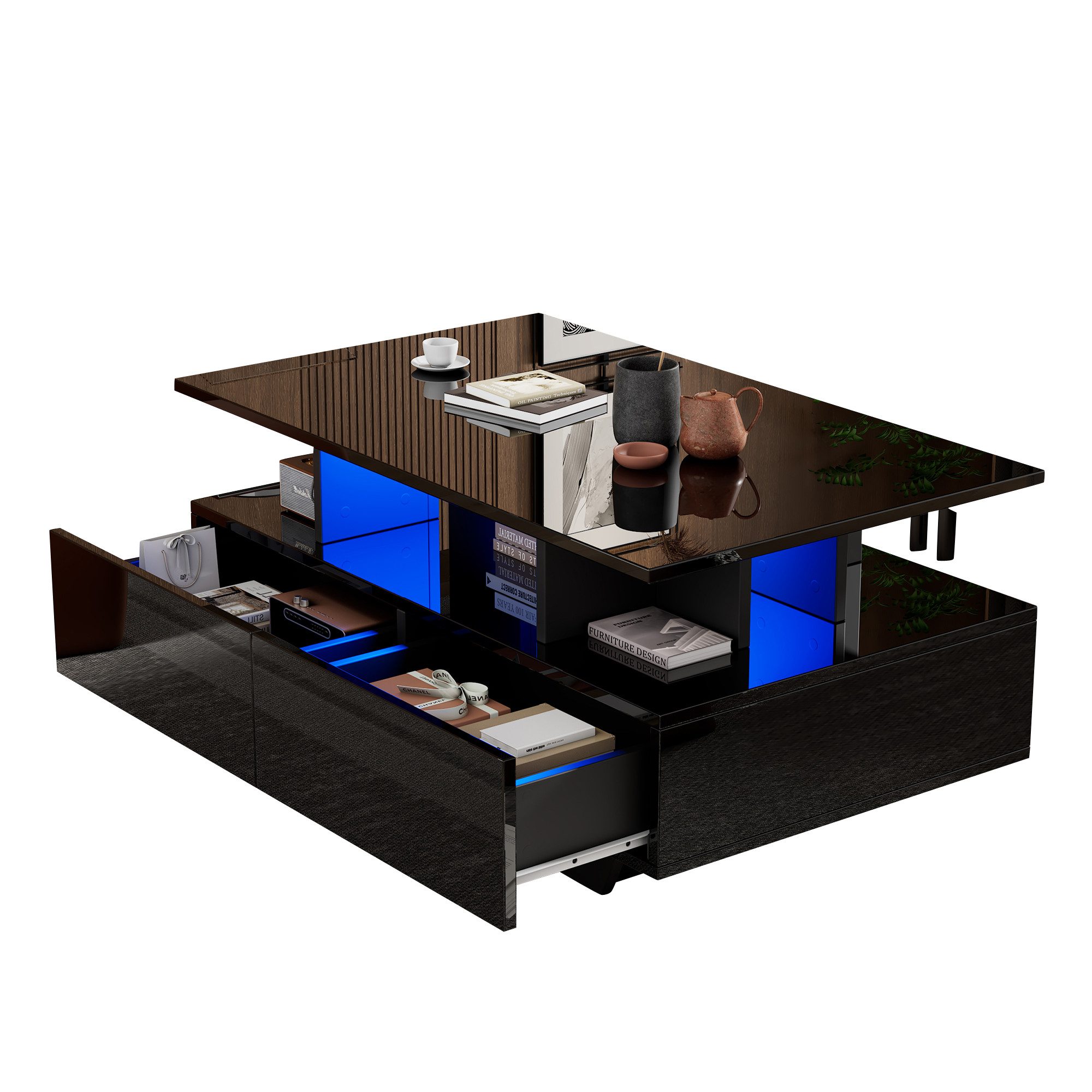 Odikalo Couchtisch Beistelltisch Hochglanz–90x55x41cm Stauraum Belastbar bis 30 kg