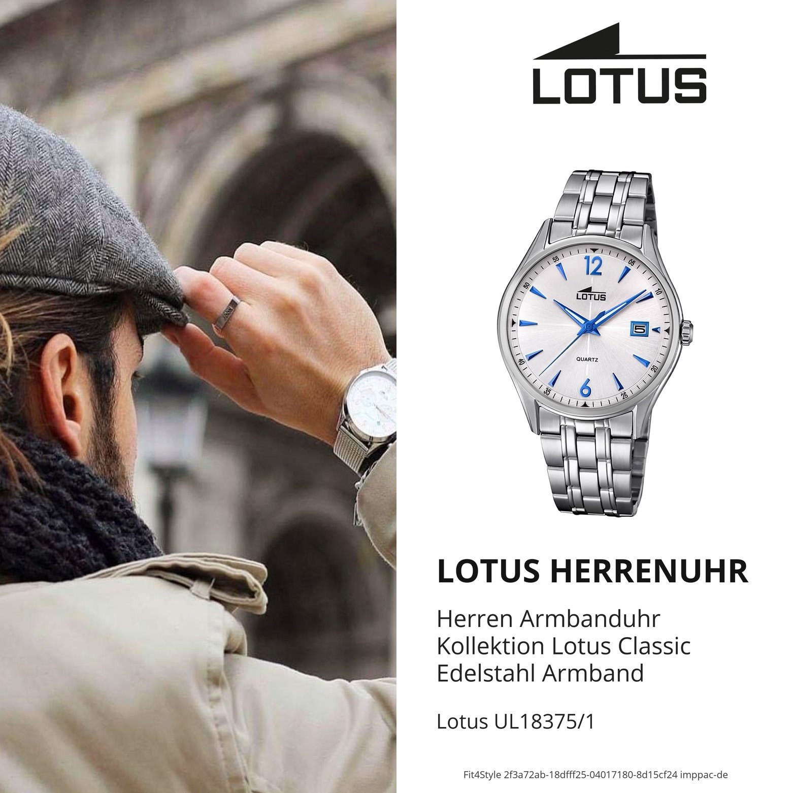 Edelstahlarmband Elegant Lotus Armbanduhr silber Herren L18375/1, Uhr Lotus Herren Quarzuhr rund,