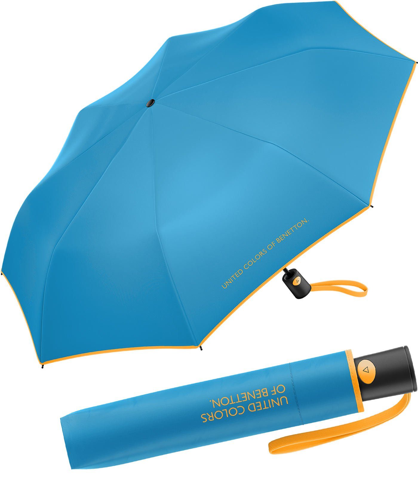 kontrastreichem Saum - 2023 diva mit Benetton of United blau-gelb Colors Automatik leuchtende FS Taschenregenschirm Modefarben blue, Mini