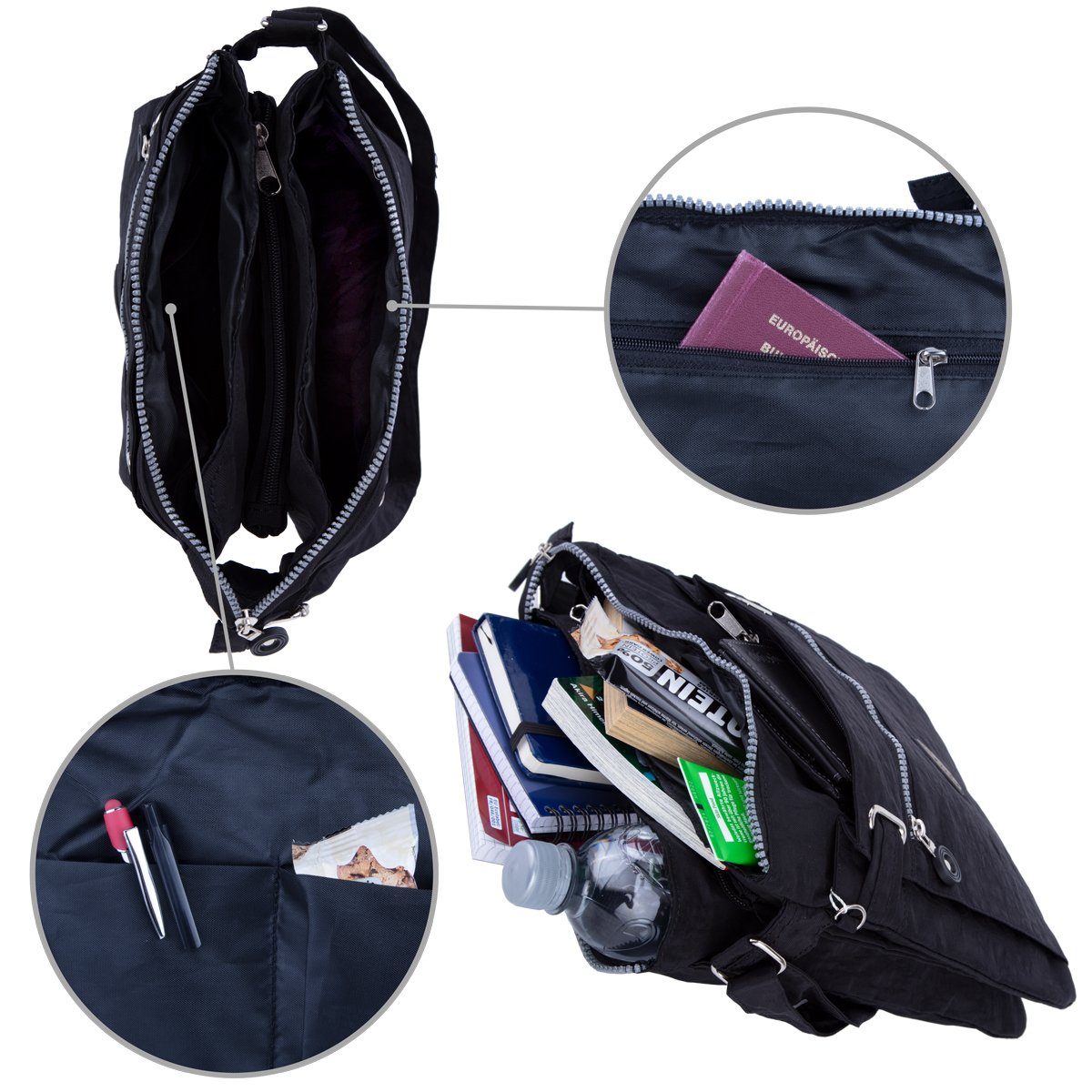 City-Tasche Kuriertasche Sportive Stauraum mit viel Umhänge-Tasche Urlaub Henkeltasche, Bag compagno schwarz 3-Fächer Reise