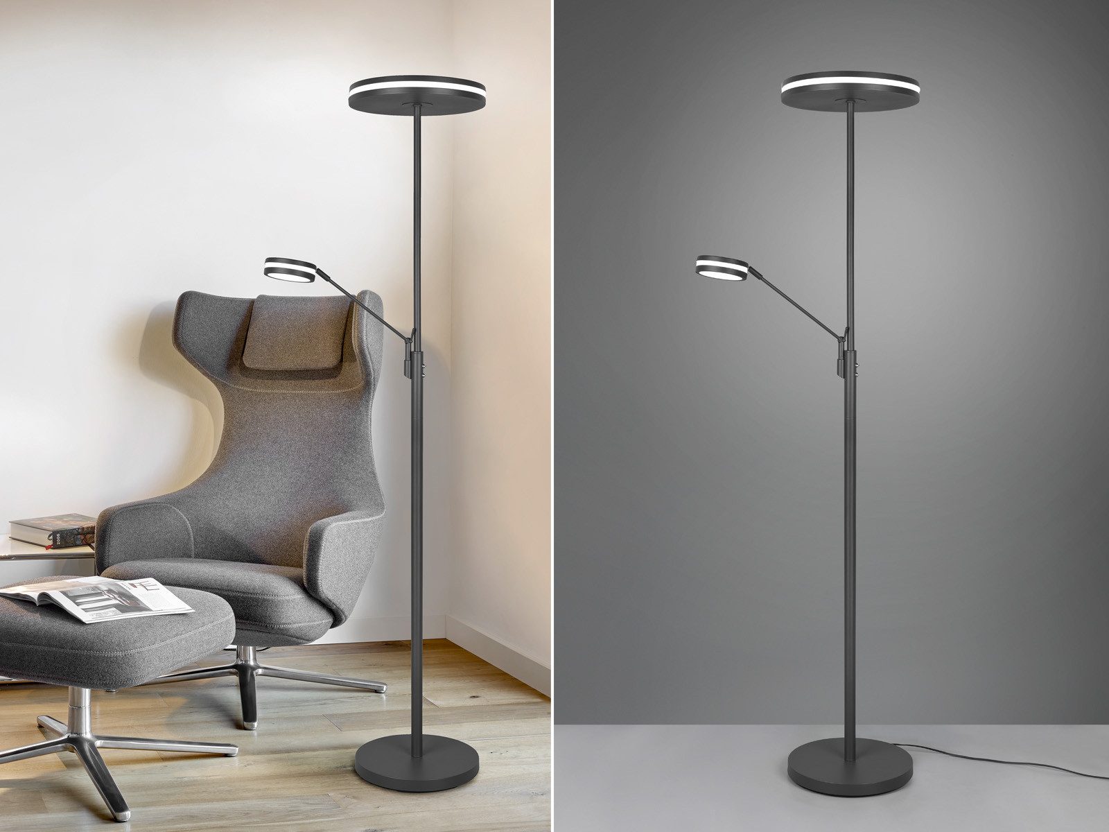 TRIO Leuchten LED Deckenfluter, Dimmfunktion Memoryfunktion, LED fest integriert, Stufenlos dimmbar, Warmweiß, Neutralweiß, Steh-Lampe mit schwenkbarer Lese-Lampe getrennt schaltbar, 181cm groß