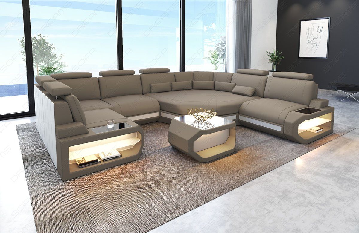 Sofa Dreams Wohnlandschaft Polster Sofa Stoff Couch Asti U Mini Stoffsofa mit, LED, USB C106 Taupe-Weiss