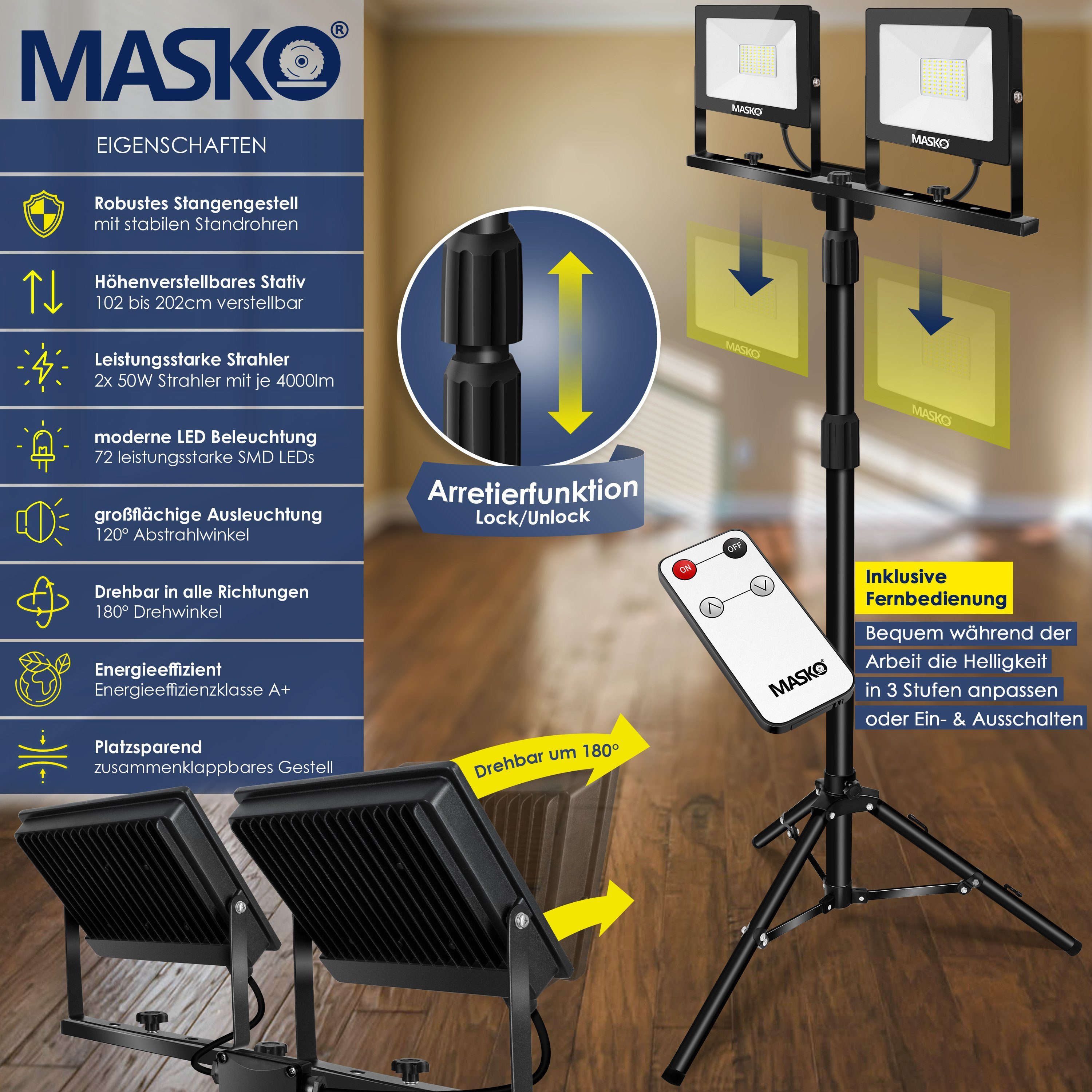 MASKO LED Baustrahler, 2x fest 50W Stativ schwarz Baustrahler Doppel LED Fernbedienung integriert, 100W LED mit