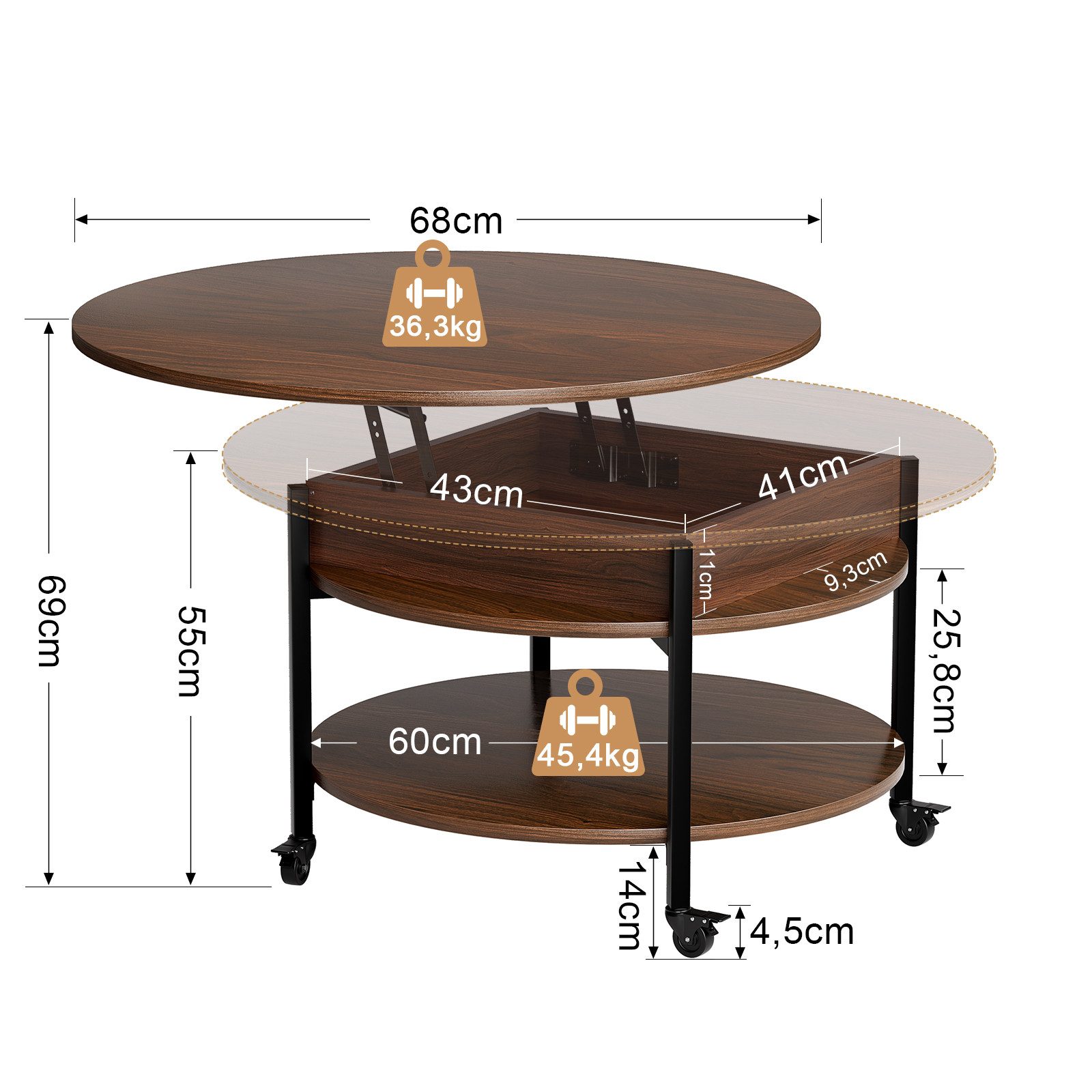 FABATO Couchtisch Runder Couchtisch mit Höhenverstellung, Rädern und Staufach (1-St), ideal für Wohnzimmer, in Braun
