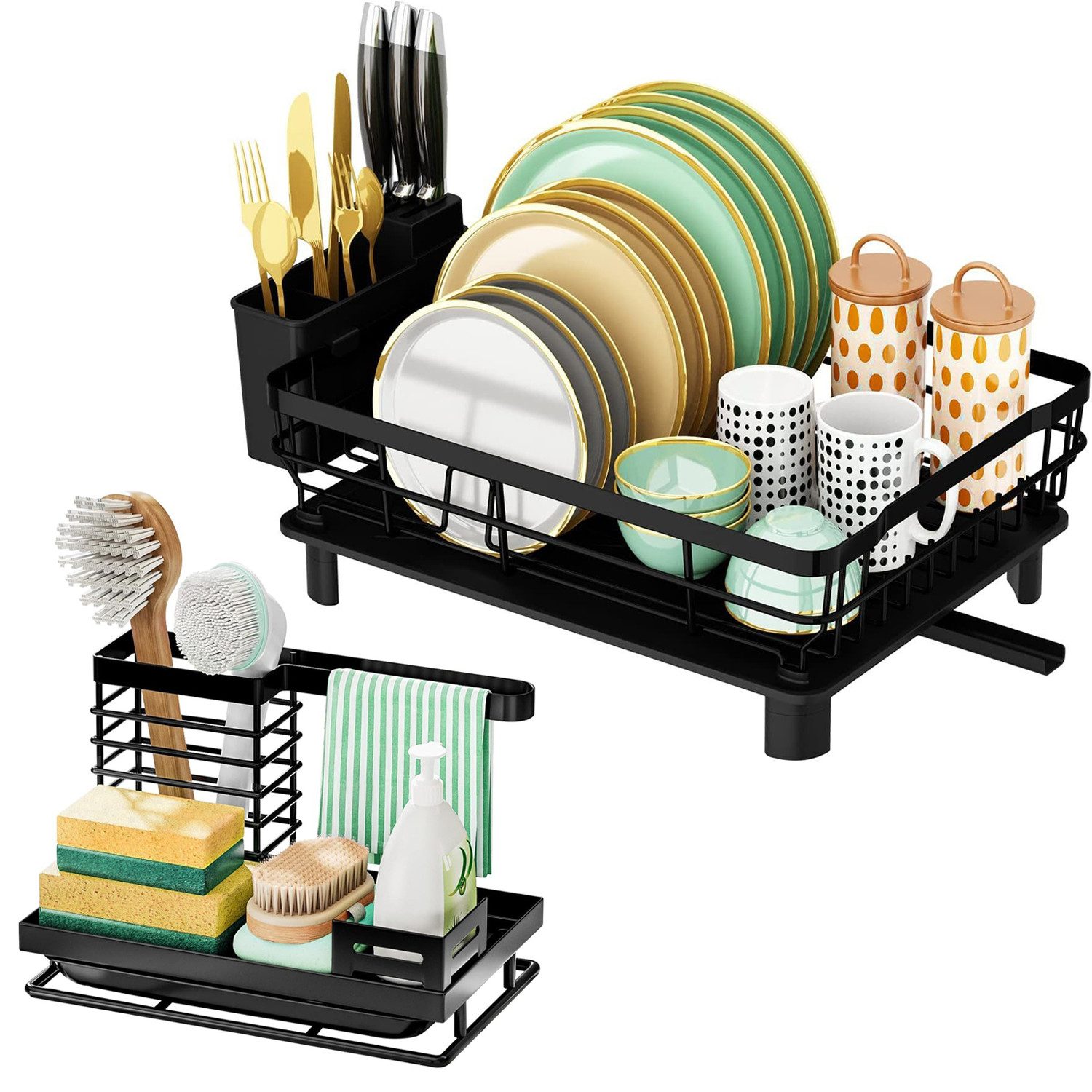 Refined Living Geschirrständer 2-in-1 Küchenorganizer-Set: Geschirrständer&Spüle Organizer,2er-Set, Zubehör für Zubehör für Küchen Zubehör, Multifunktionales Abtropfgestell-Set, Ablage für Küchenspüle, mit 360° Abfluss abnehmbarem und Messerfächern, Aufbewahrung Spülutensilien, Aufbewahrung für die Arbeitsplatte, Spülbürsten Halter, Rostschutz,Spüle Zubehör platzsparend, Küchenhelfer Set für kleine Küche, für Küche,Bad,Küchentheke,Spülbecken,Effizienten Trocknen,Wohnungen