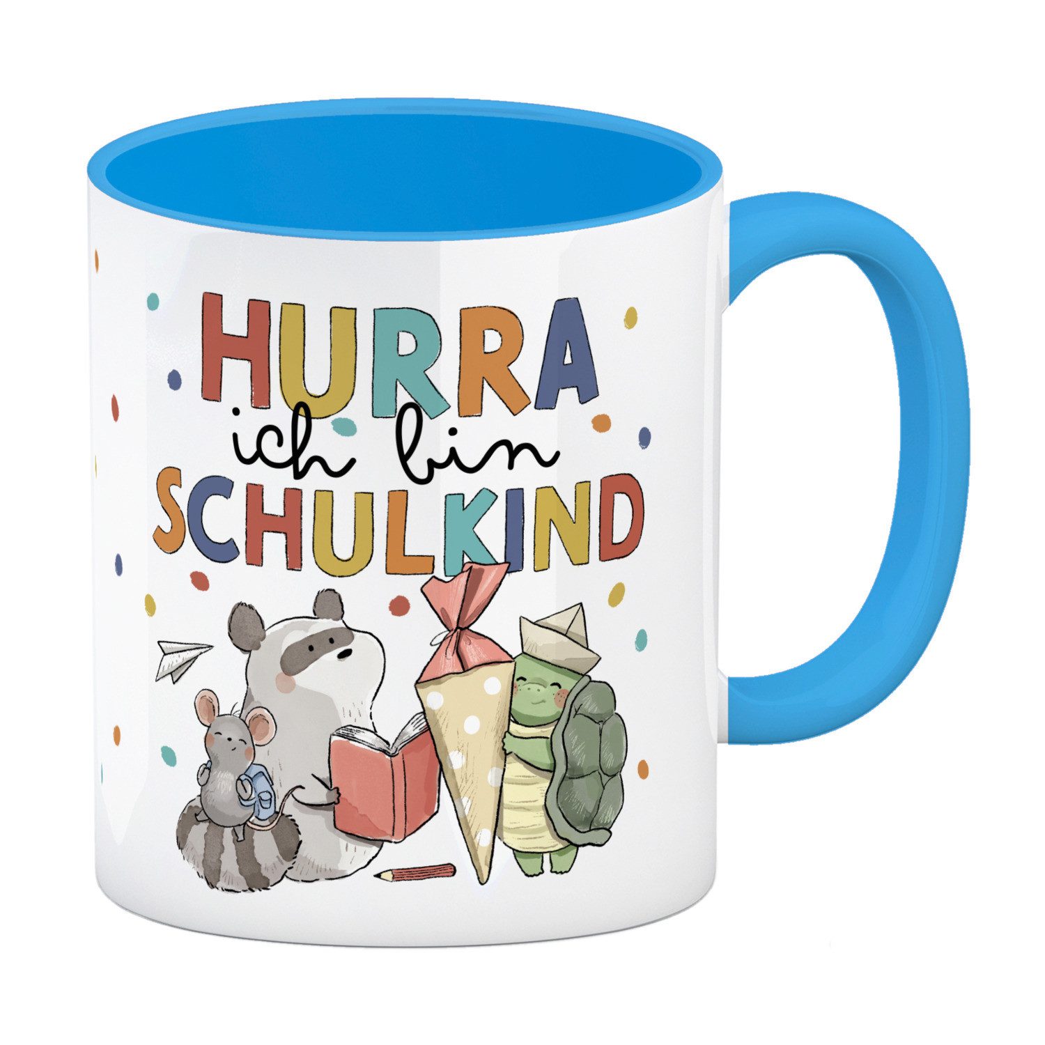 Tasse Tiere zur Einschulung Kaffeebecher in hellblau mit Spruch Hurra ich