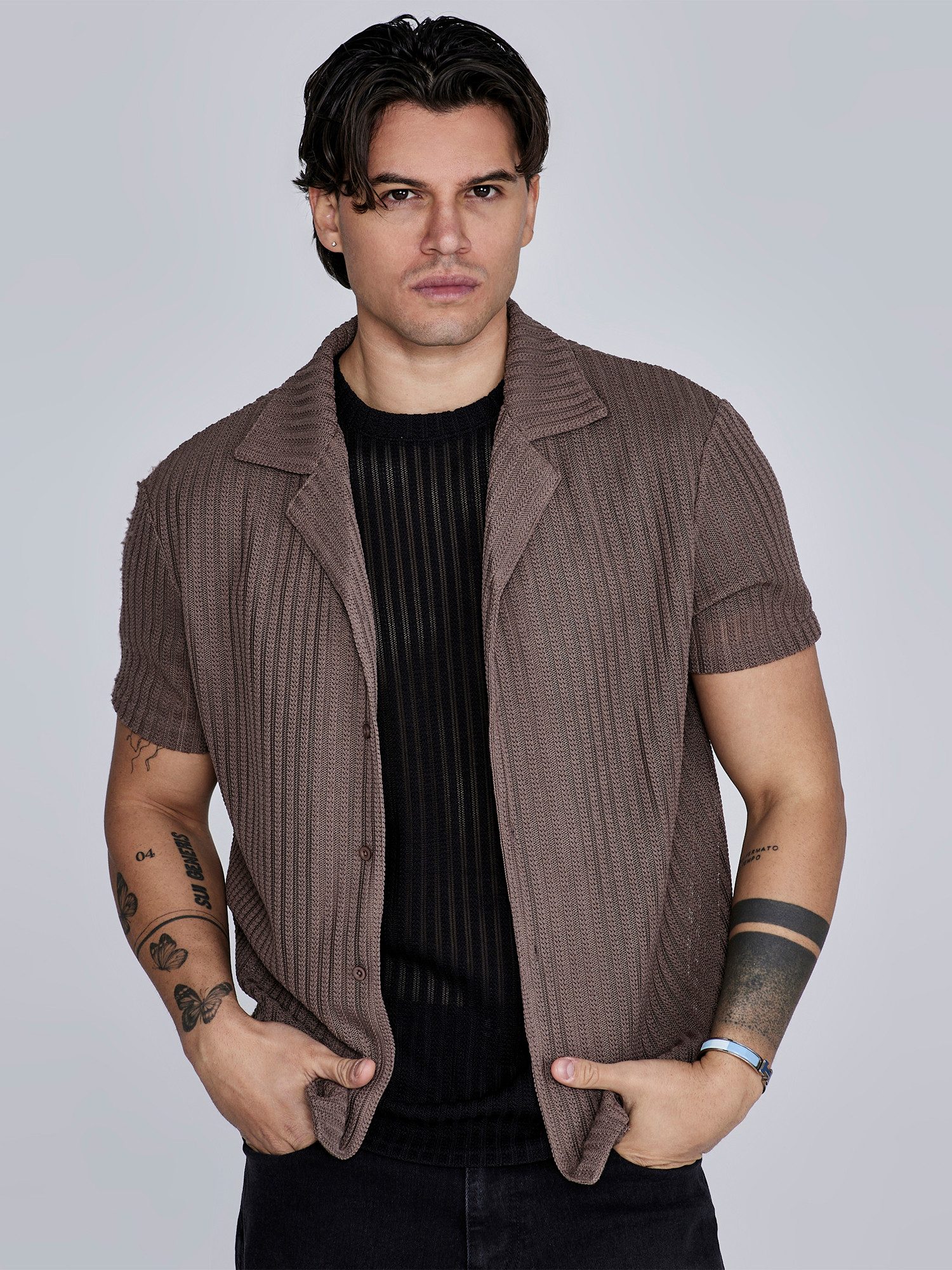 Siksilk Kurzarmhemd SikSilk Herren Braunes Texturiertes Resort Hemd