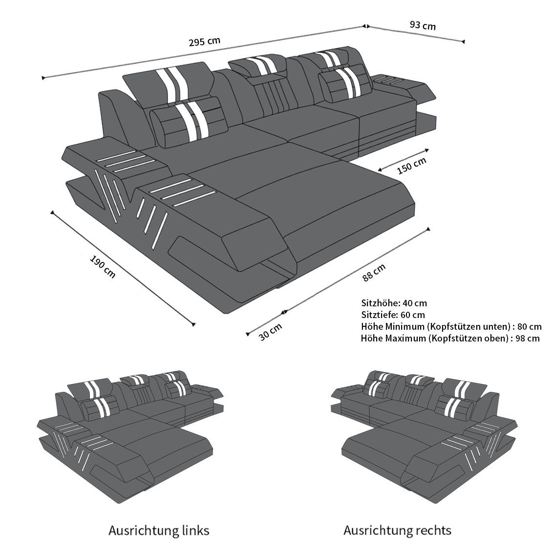 Leder Couch, Ecksofa Form Schlafsofa, mit Dreams wahlweise Ledercouch Sofa Sofa L mit Bettfunktion Designersofa LED, als Ledersofa, Venedig