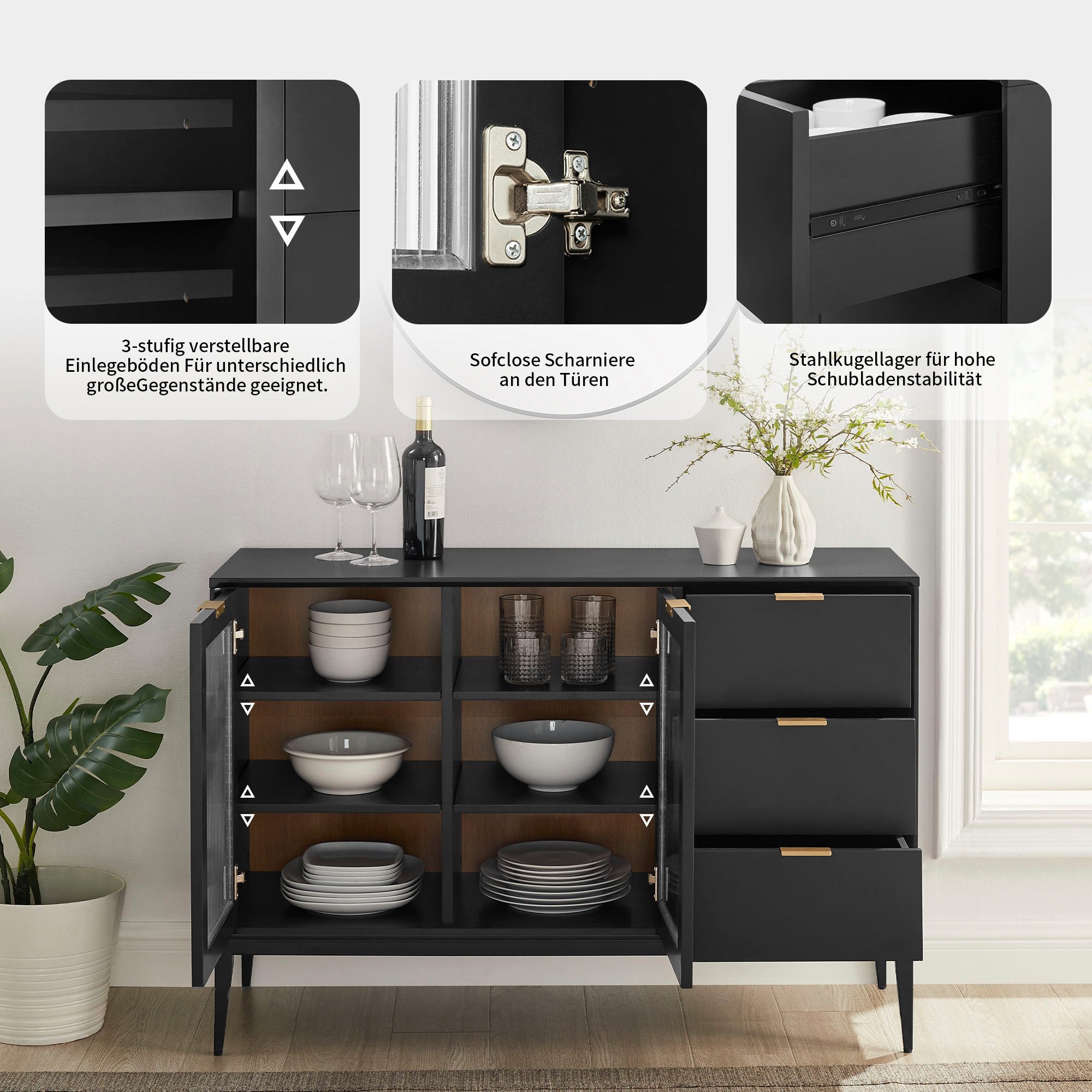 OTTO home Sideboard Lavisha, FSC-zertifiziertes Holz kombiniert Melamin, verchromten Metallgriffen