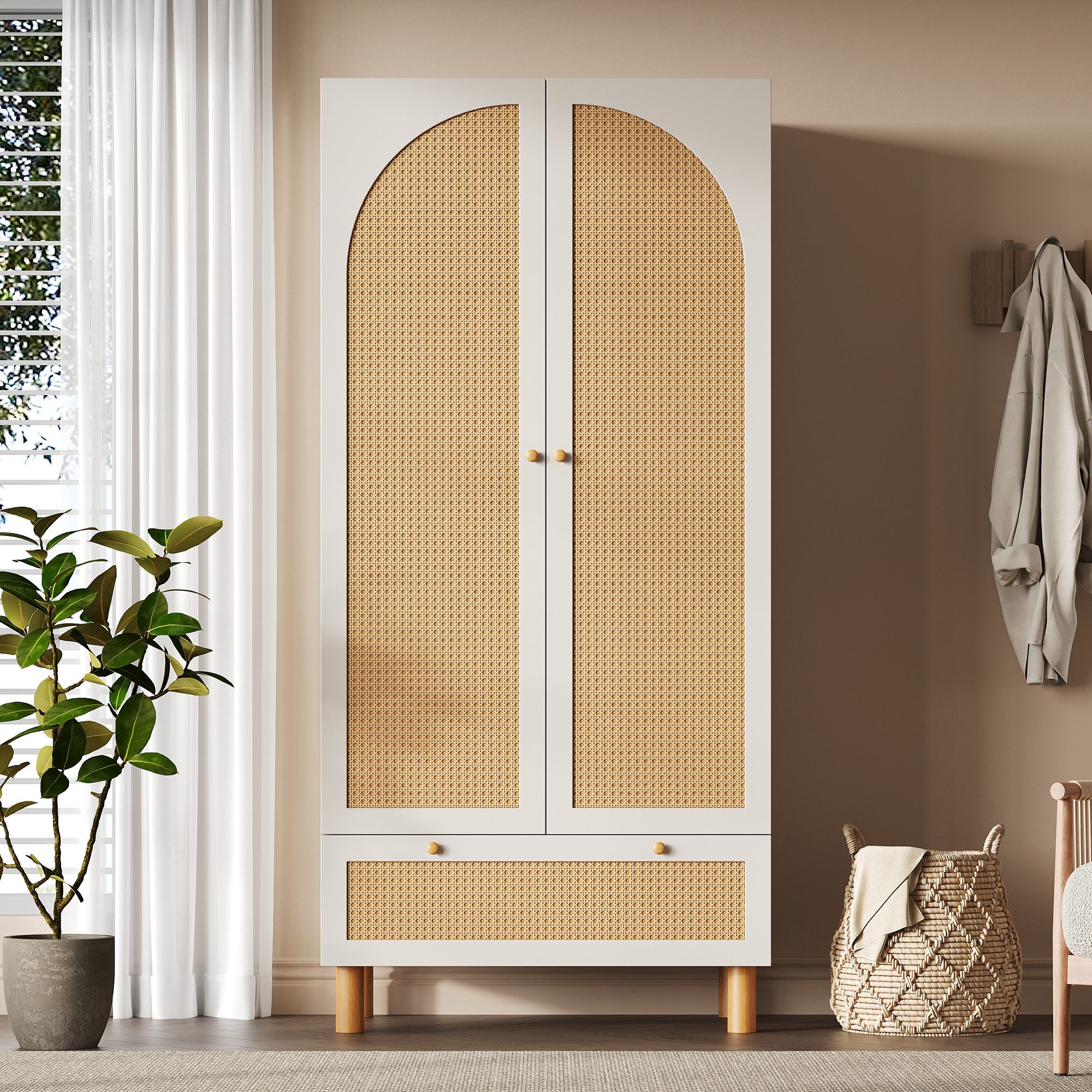 i@home Kleiderschrank Landhausstil mit Rattan-Türen (mit Kleiderstange, höhenverstellbare Regale, 1-St., große Schublade, 180×85×52 cm Weiß) Garderobenschrank für Schlafzimmer & Eingangsbereich