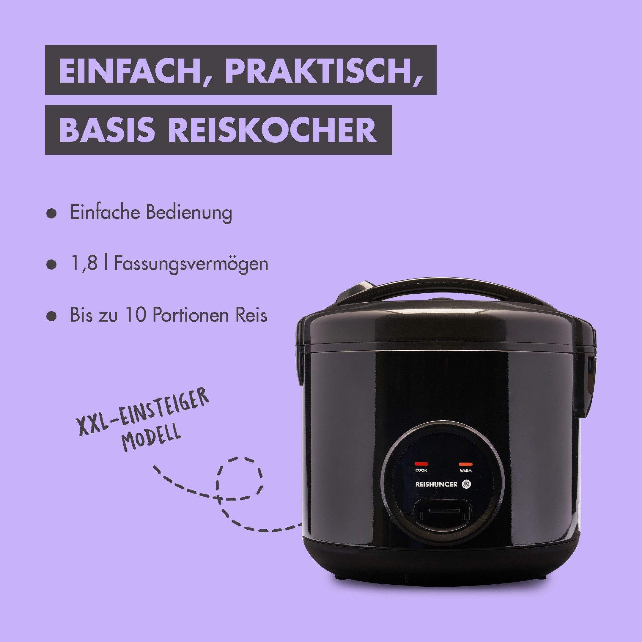 Reishunger Reiskocher großes Basismodell – Mit Keramikbeschichtung – 1,8 L –, 700,00 W, Mit Dampfgarfunktion & Warmhaltefunktion