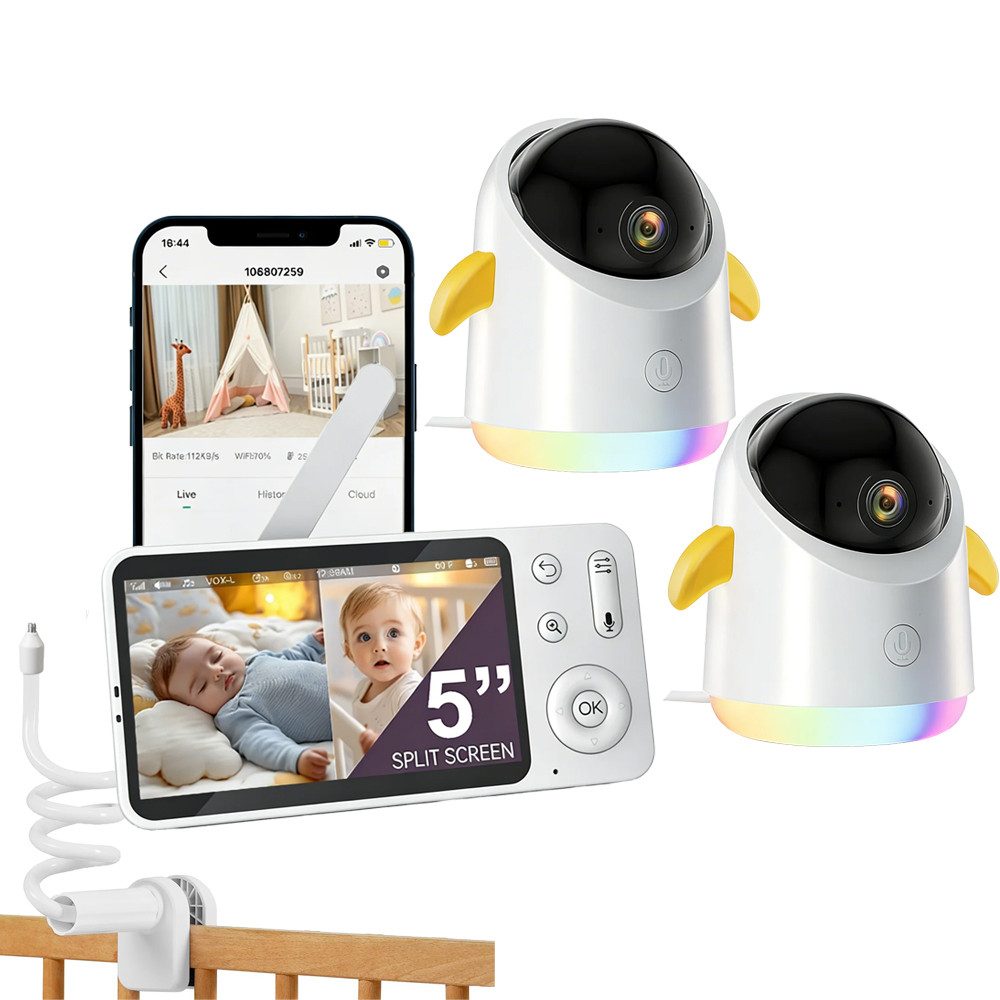 Boifun Video-Babyphone Babyphone mit 2 Kameras App Split-Screen-Anzeige, 2K HD Bild, PTZ 355°/60°, 4×Zoom, Automatische Verfolgung, 1-tlg., Weinen/Bewegungs/Geräuscherkennung, Temperatur, Loop-Nachtlicht ausgestattet,14 Schlaflieder