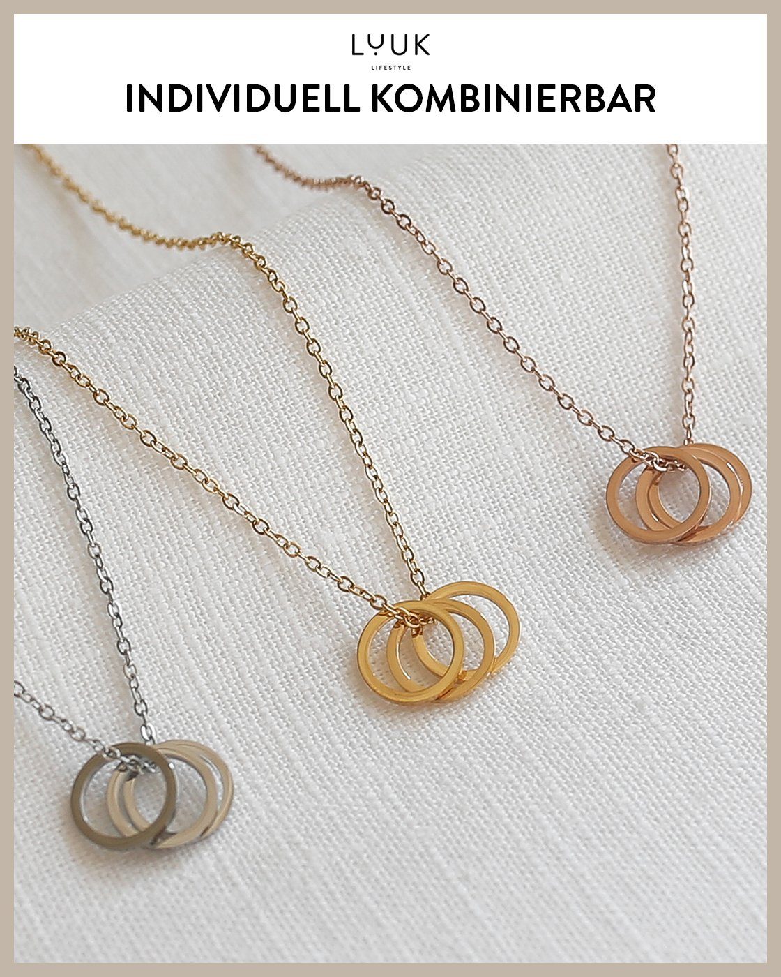 3 dezent, und Valentinstag, LIFESTYLE 3 und HAPPINESS LUUK wasserfestes Geschenkidee Ringen alltagstaugliches mit filigran Spruchkarte, Kette Modeaccessoire, Anhänger Anhänger und Edelstahl, Silber Kreisen Ringe,