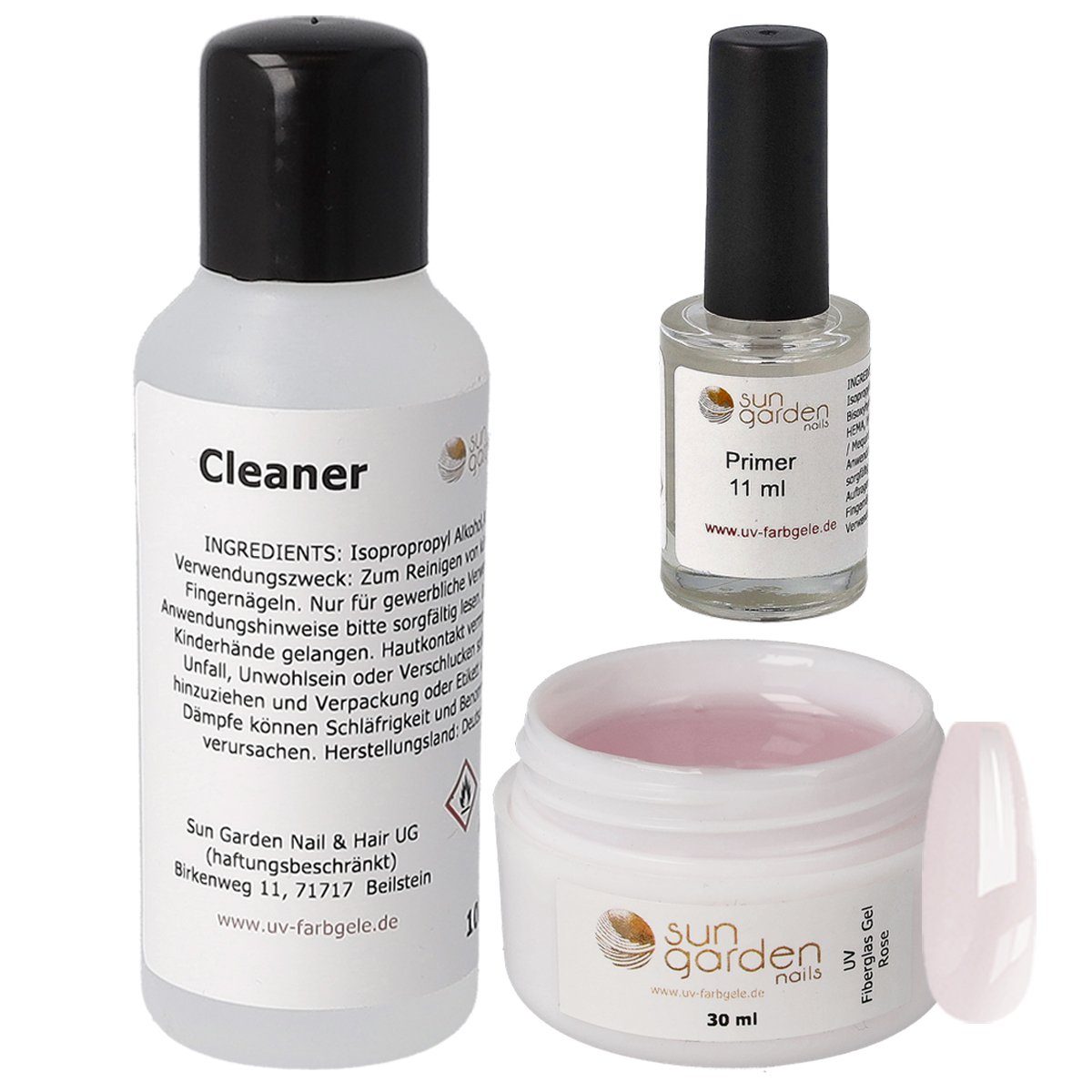 Nagellack-Set Nailset mit Fiberglas Gel rose/klar 30ml-Primer-Cleaner 100ml