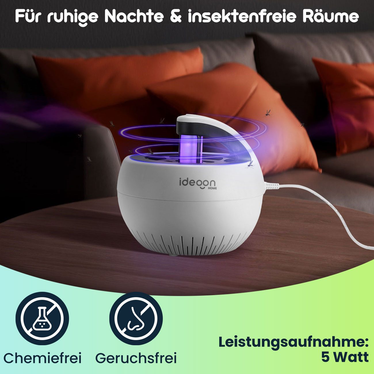 shop'n smile ideoon Insektenfalle Insektenfänger 5W mit UV-Licht & Luftstrom USB geräuschlos Mückenfalle, UV Insektenfänger mit Ansaugung, 5W, geruchsfrei, USB, Ø17,1x15,2 cm