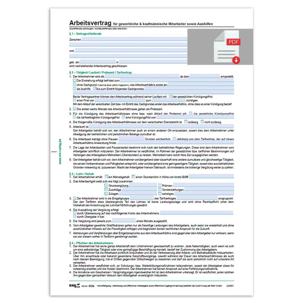 RNK Verlag Organisationsmappe Arbeitsvertrag DIN A4 für Mitarbeiter mit Ergänzungsblatt (Arbeitsvertrag, Arbeitsvertrag mit Ergänzungsblatt), Mit Ergänzungsblatt, Probezeit, Lohnangaben, DIN A4