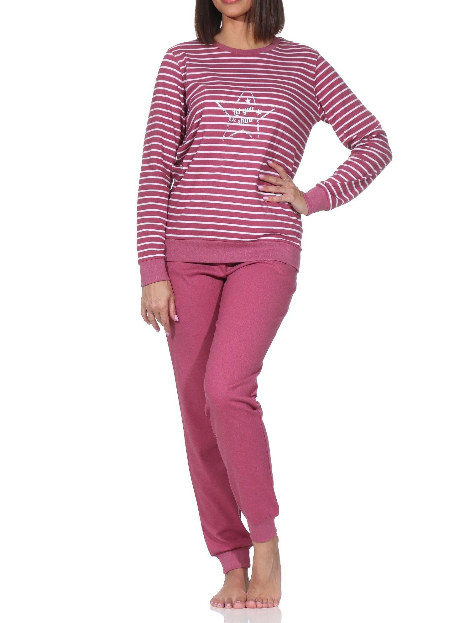 Normann Pyjama Kuscheliger Damen Schlafanzug lang mit Bündchen und Stern Motiv