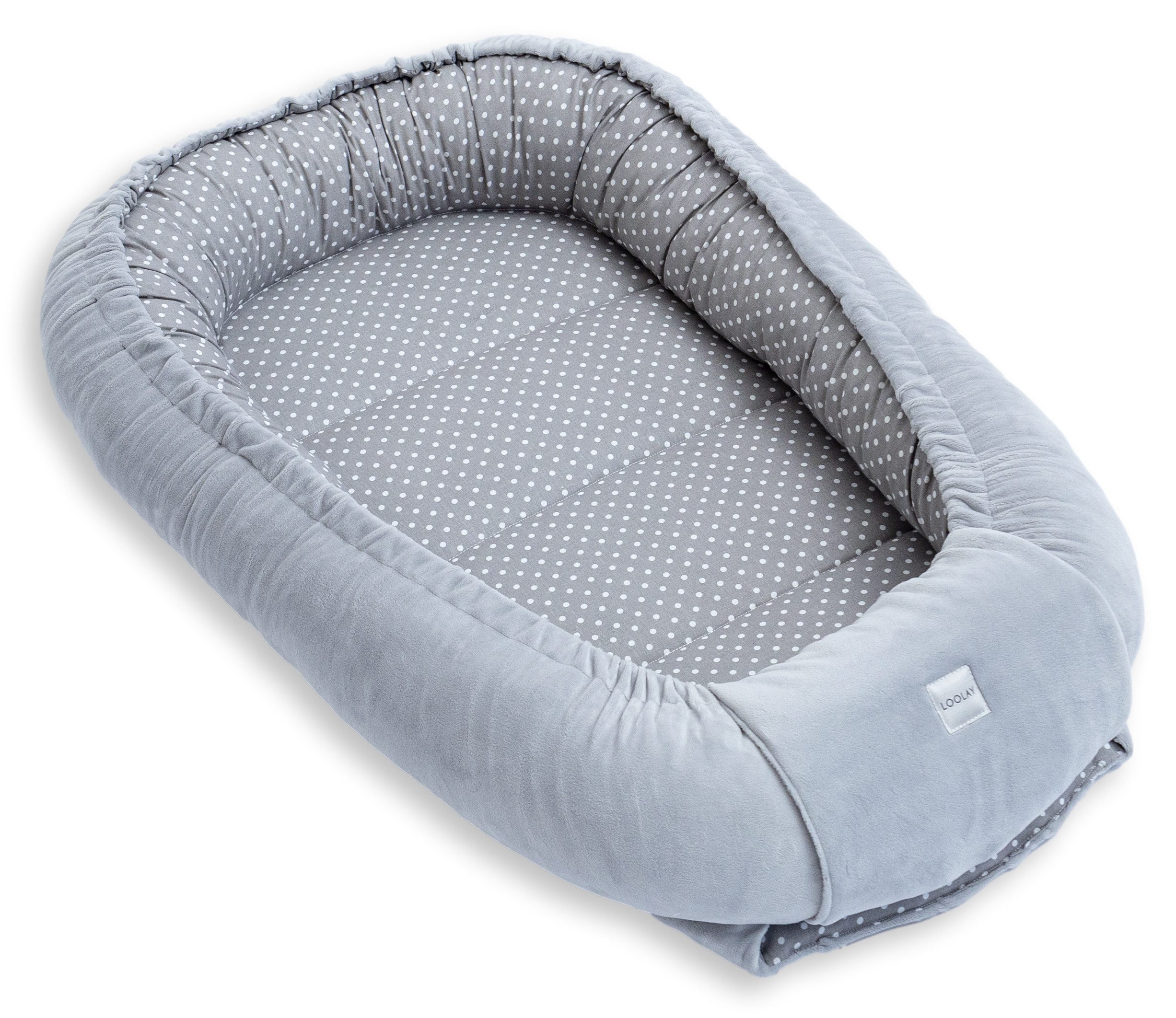 Loolay Kuschelnest BABYNEST SOLO Premium Babyausstattung - Baumwolle & Samt Velours, (MUSTER: GRAU Samt Velour/ Mini PUNKTE Grau, 1-tlg., Liebevoll handgefertigt Nestchen! Geborgenheit Komfort für Neugeborene), Premium Ausstattung - 100% Europäische Stoffe und Kleinserien-Nähen!