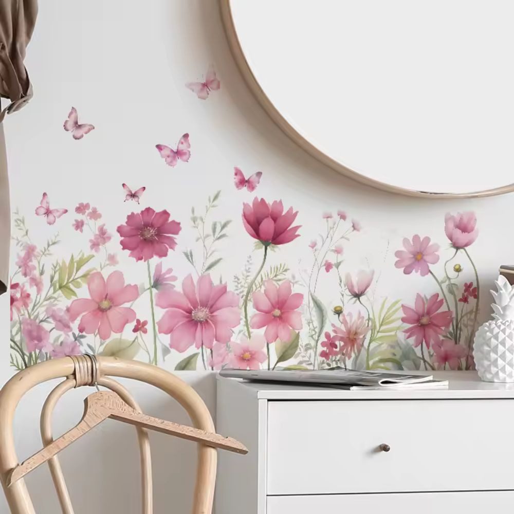 Montegoni Wandsticker Romantische Schmetterling Blumen Wandsticker Rosa Blüten Selbstklebend (1 Wandsticker, 1-teiliges Wandsticker-Set), Selbstklebend, abnehmbar, wasserfest, rückstandslos entfernbar