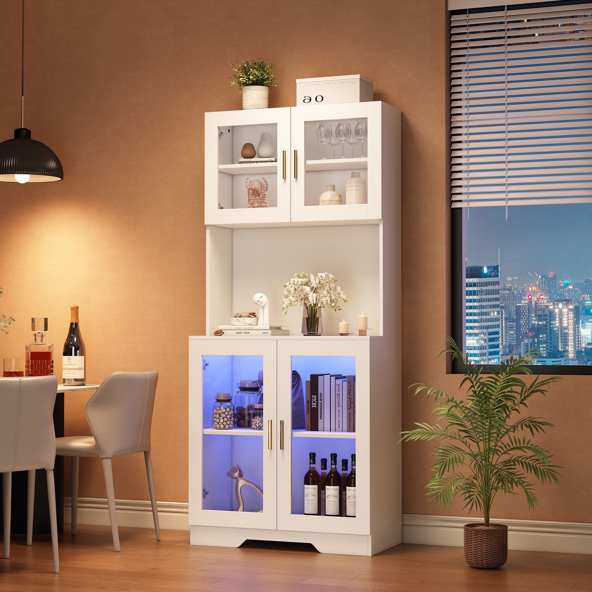 Merax Hochschrank mit Glastüren und LED Mehrzweckschrank, Küchenbuffet, Bücherschrank, Badezimmerschrank