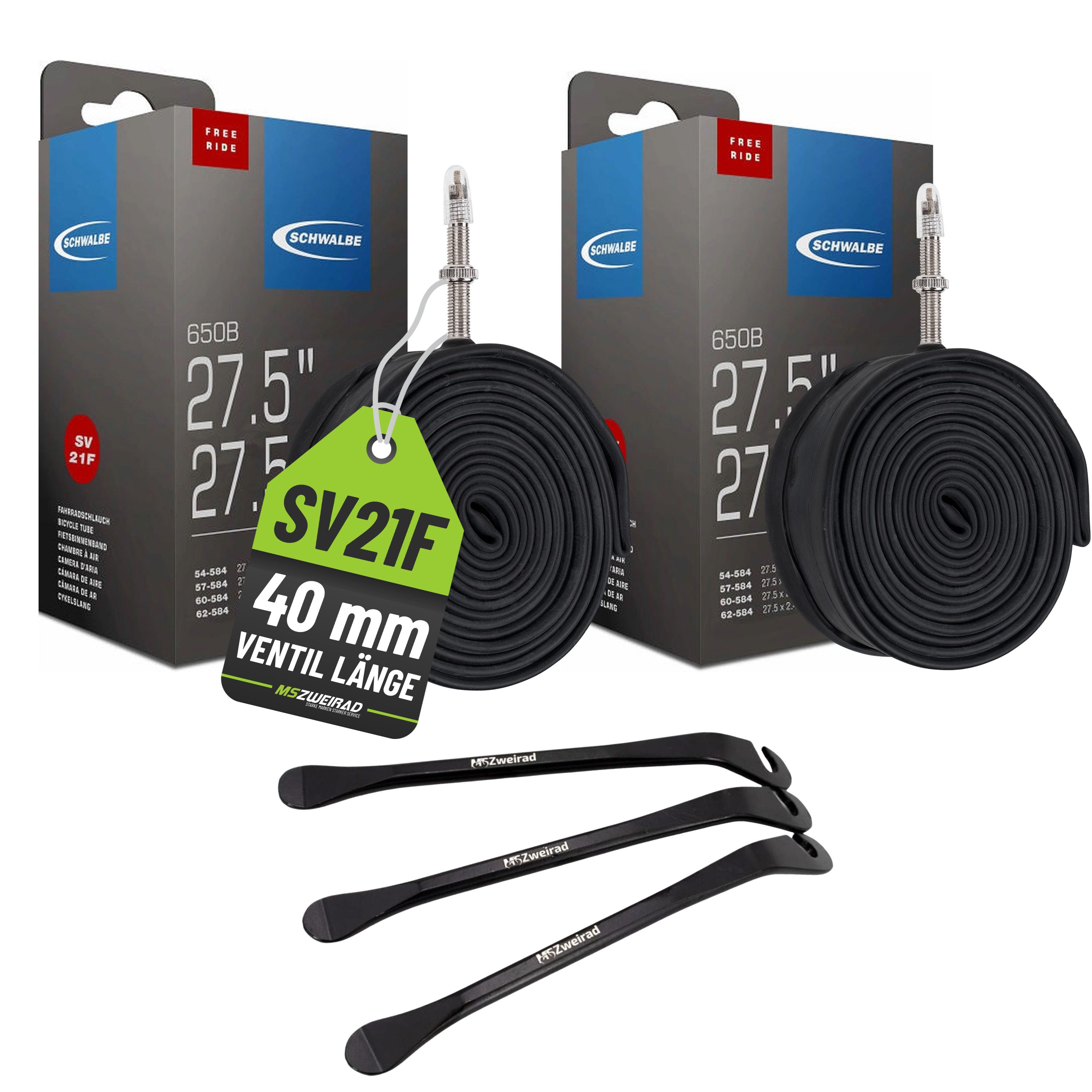 MSZweirad Fahrradschlauch 2x Schwalbe Schlauch 21F SV 40mm 27,5 Zoll (54/75-584) + Reifenheber