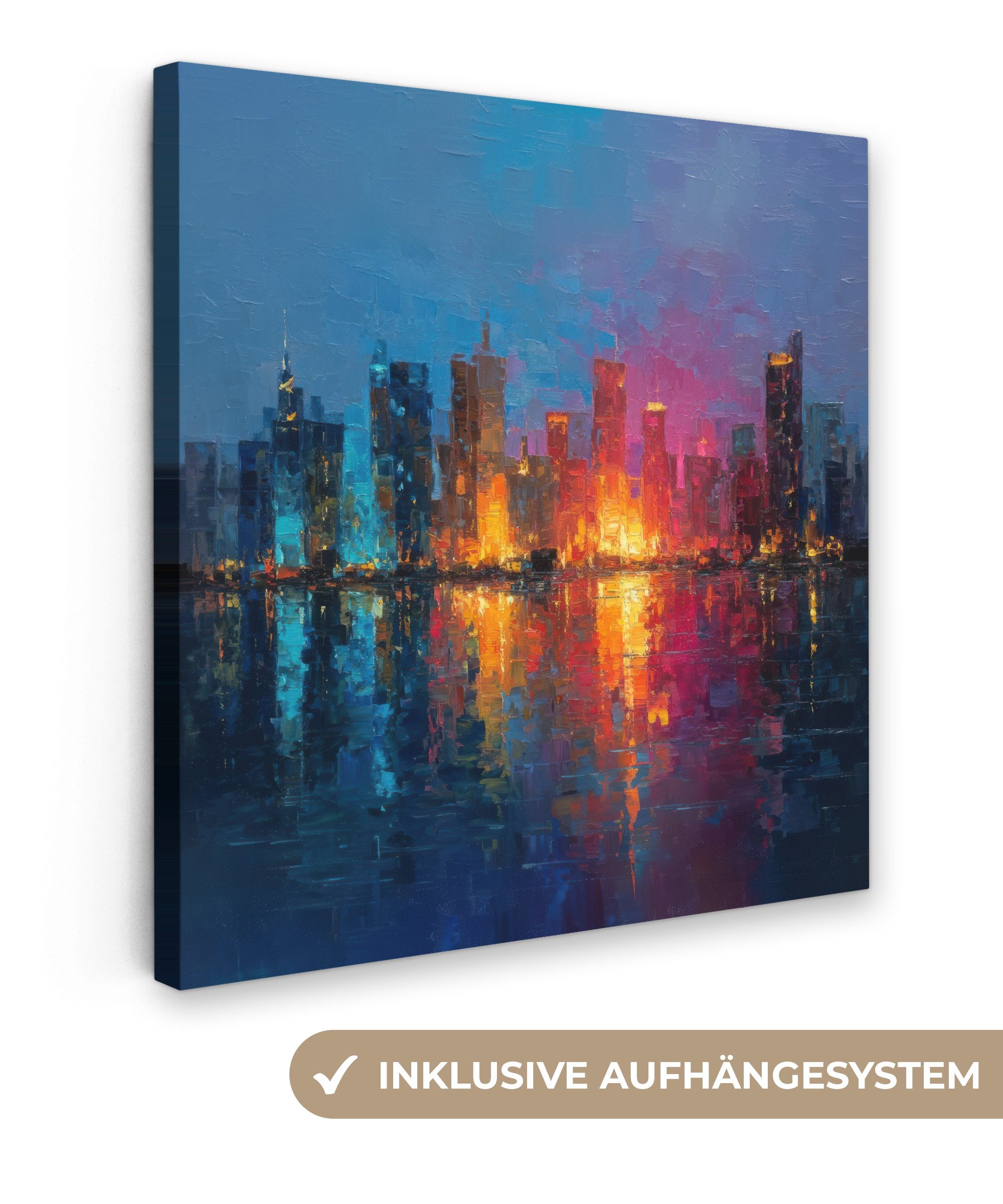 OneMillionCanvasses® Leinwandbild Skyline - Pinselstriche - Dunkelblau - Leuchtend, Fotodruck (1 St), Wandbild, Deko Schlafzimmer Wohnzimmer Flur 20x20 cm