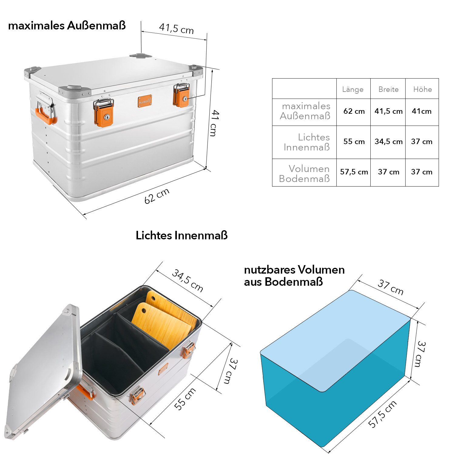 ALUBOX Aufbewahrungsbox Campingküche Campingbox mit Stapelecken (78 Liter), inklusive 2 Schneidbretter