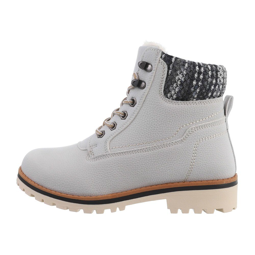 Ital-Design Damen Schnürschuhe Outdoor Stiefelette Blockabsatz Schnürstiefeletten in Hellgrau