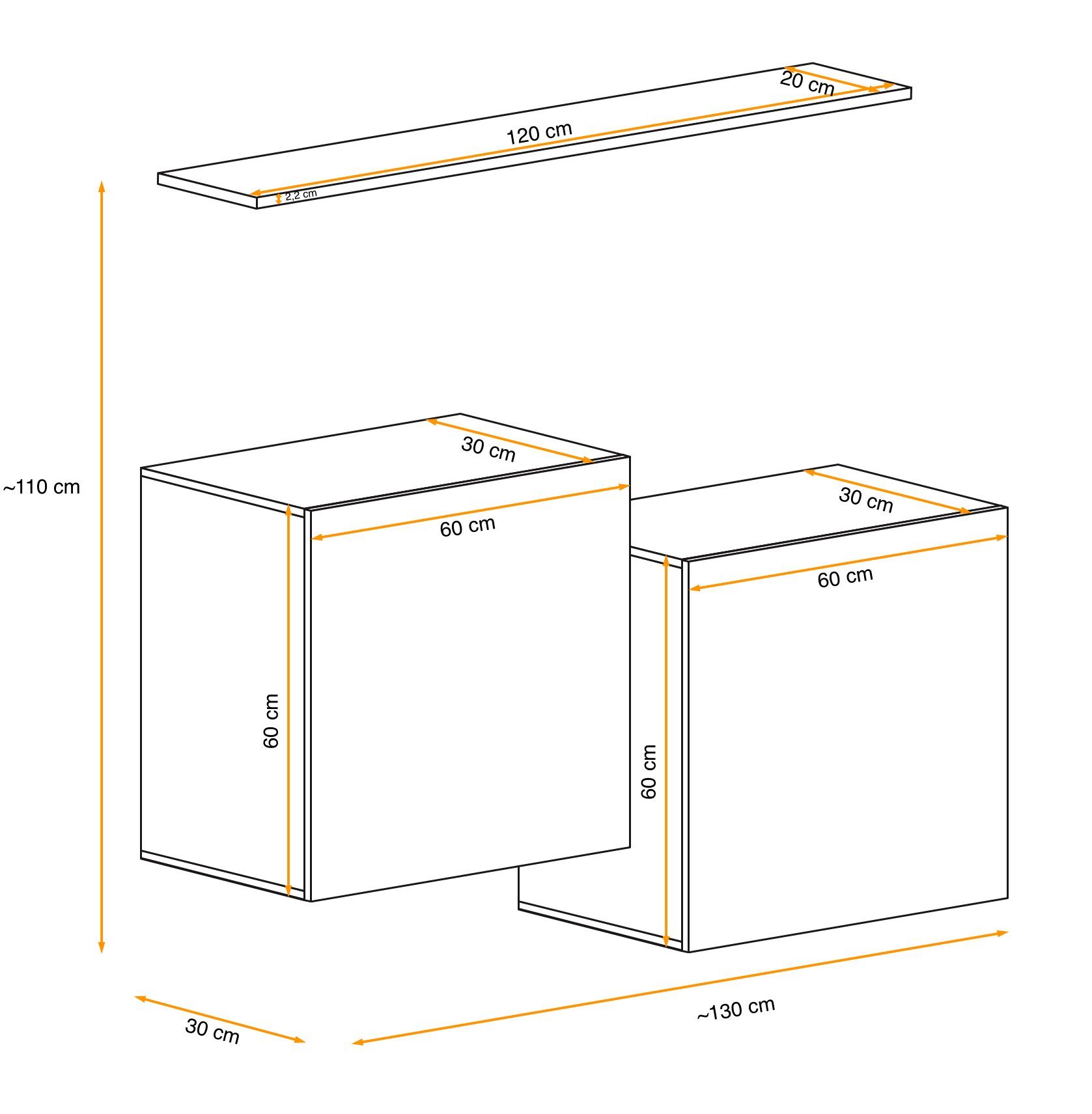 2×Wandschrank, Eiche 1×Wandboard, Graphit Wotan Push-to-Open Wohnzimmer-Set), (Set hängend, - (3 SB1 L, bestehend St), Stylefy aus Swotch mit Wohnwand