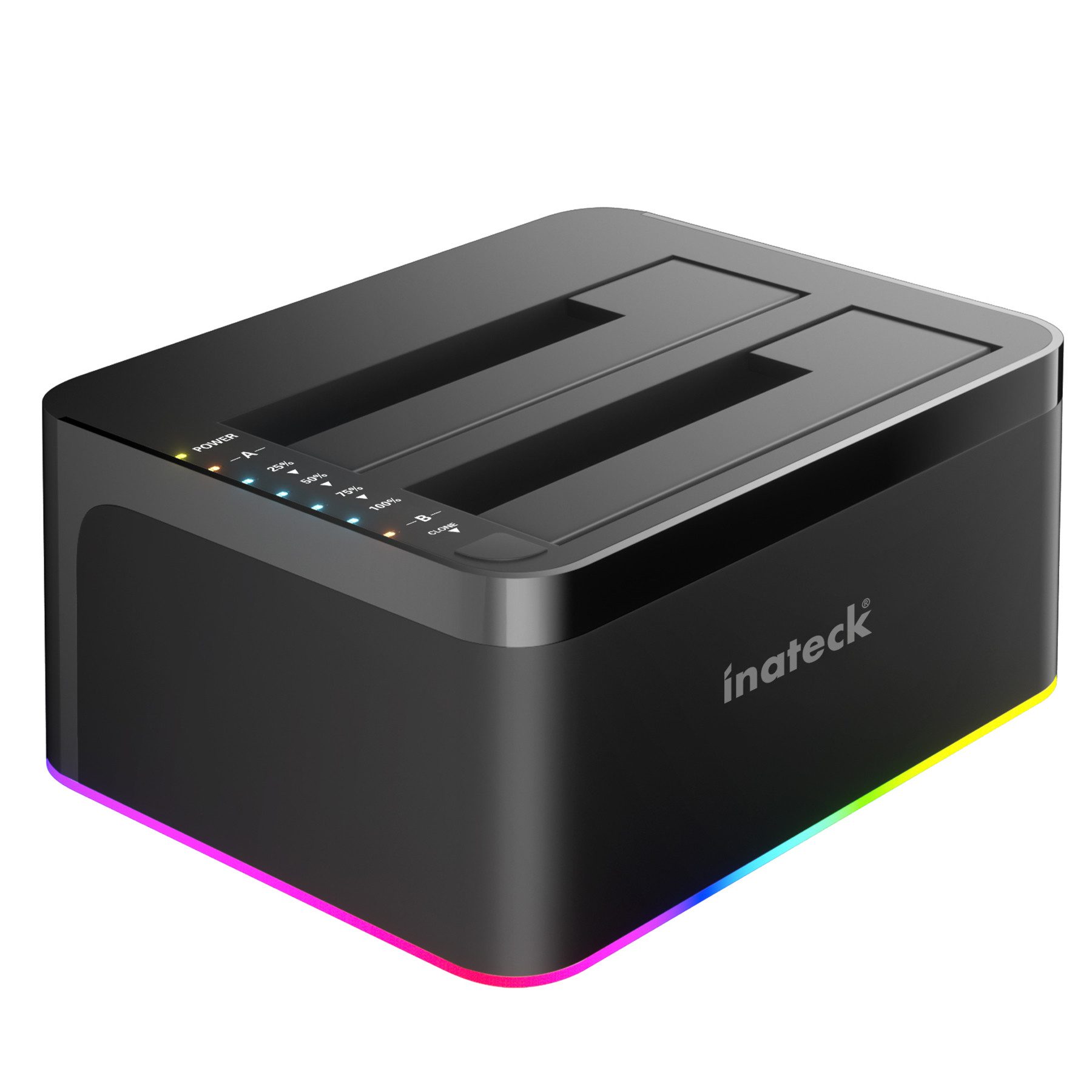 Inateck Festplatten-Dockingstation RGB USB-C Port mit Offline-Klonen, für 2,5/3,5 Zoll SATA HDDs und SSDs, 2 x 20TB Dual Bay Docking Station, UASP unterstützt