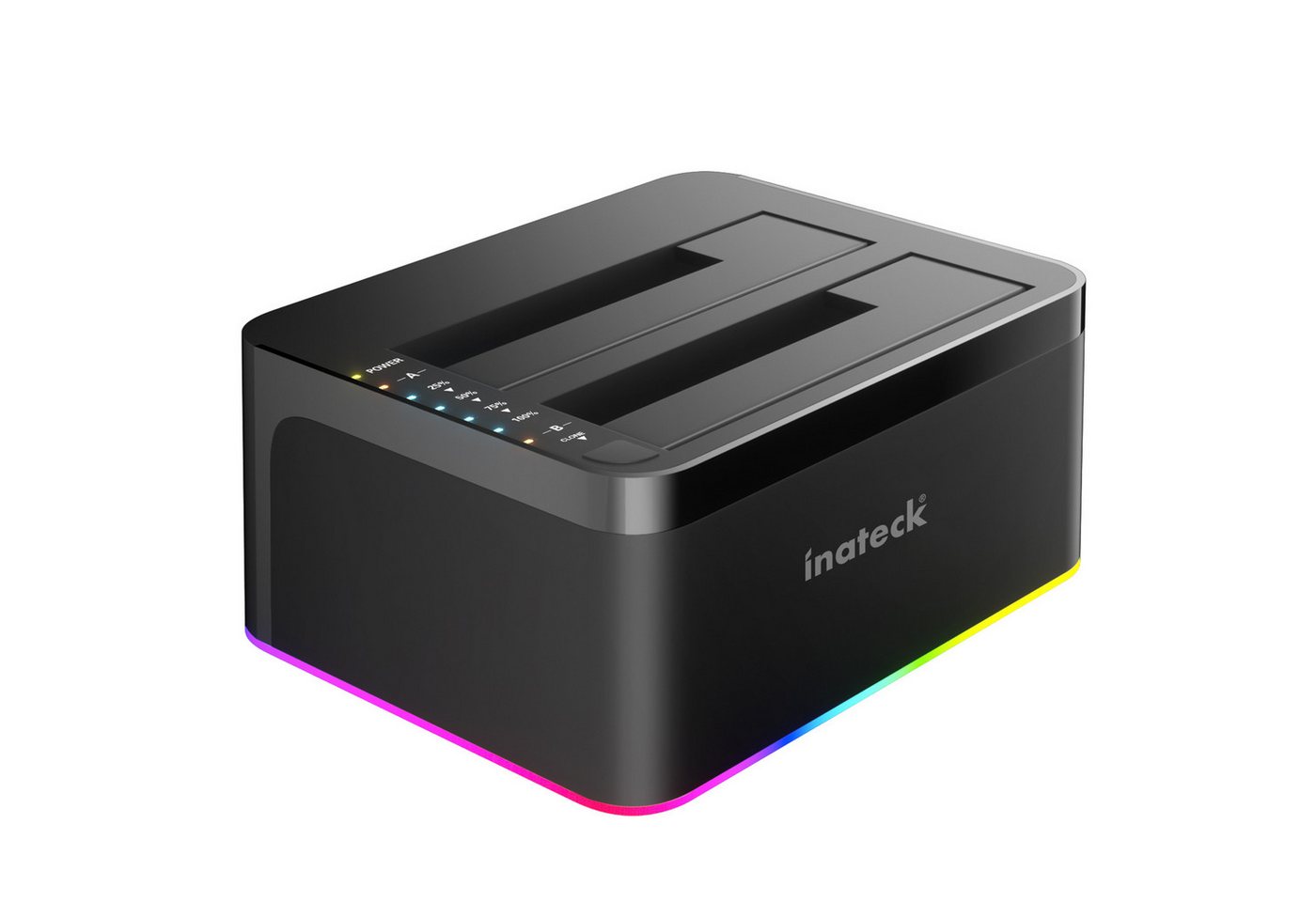 Inateck Festplatten-Dockingstation RGB USB-C Port mit Offline-Klonen, für 2,5/3,5 Zoll SATA HDDs und SSDs, 2 x 20TB Dual Bay Docking Station, UASP unterstützt