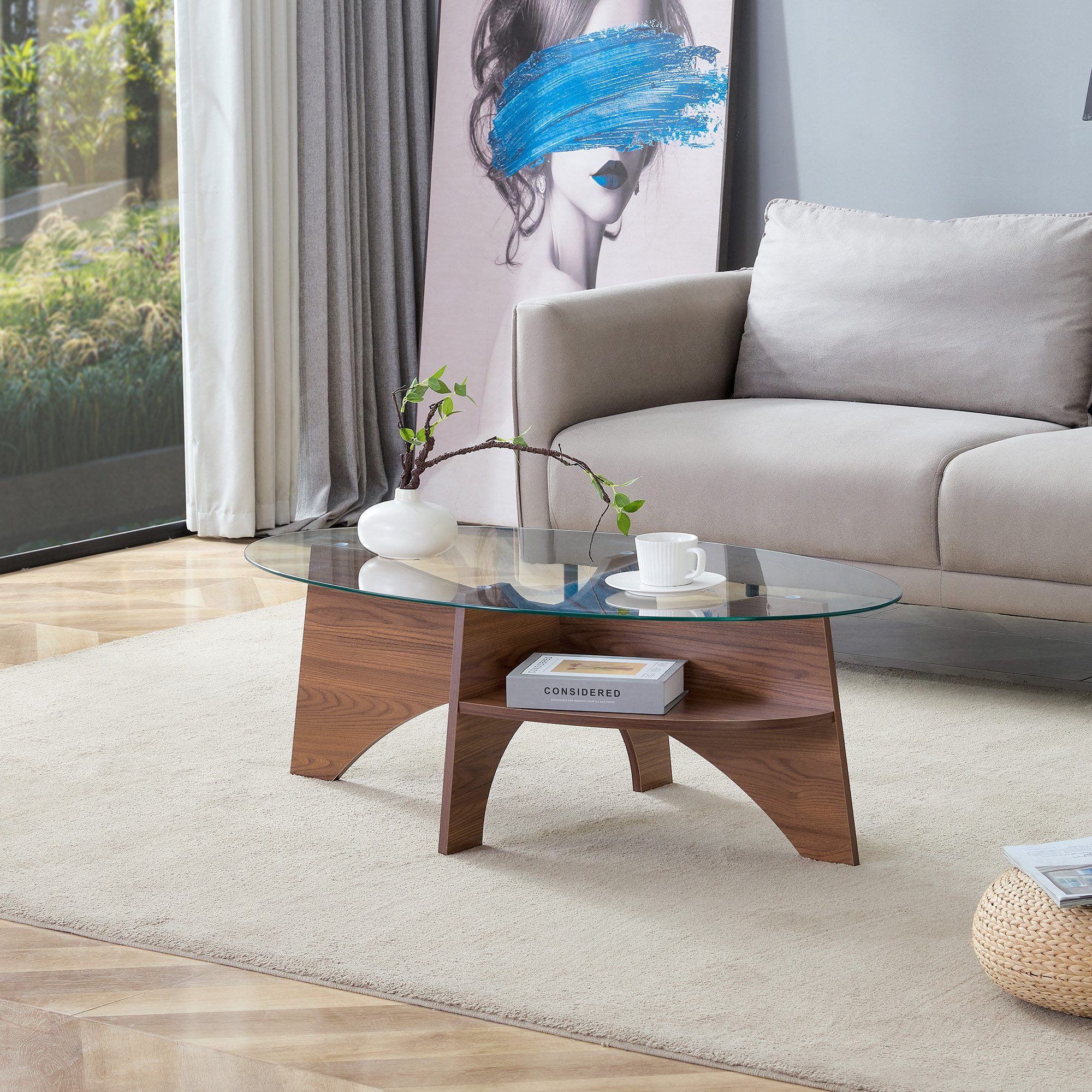 MODFU Couchtisch mit Ablageboden & 0,6 cm Glasplatte, Beistelltisch (helles geschwungenes Designgestell, kratzfest & pflegeleicht), Kaffeetisch Wohnzimmertisch