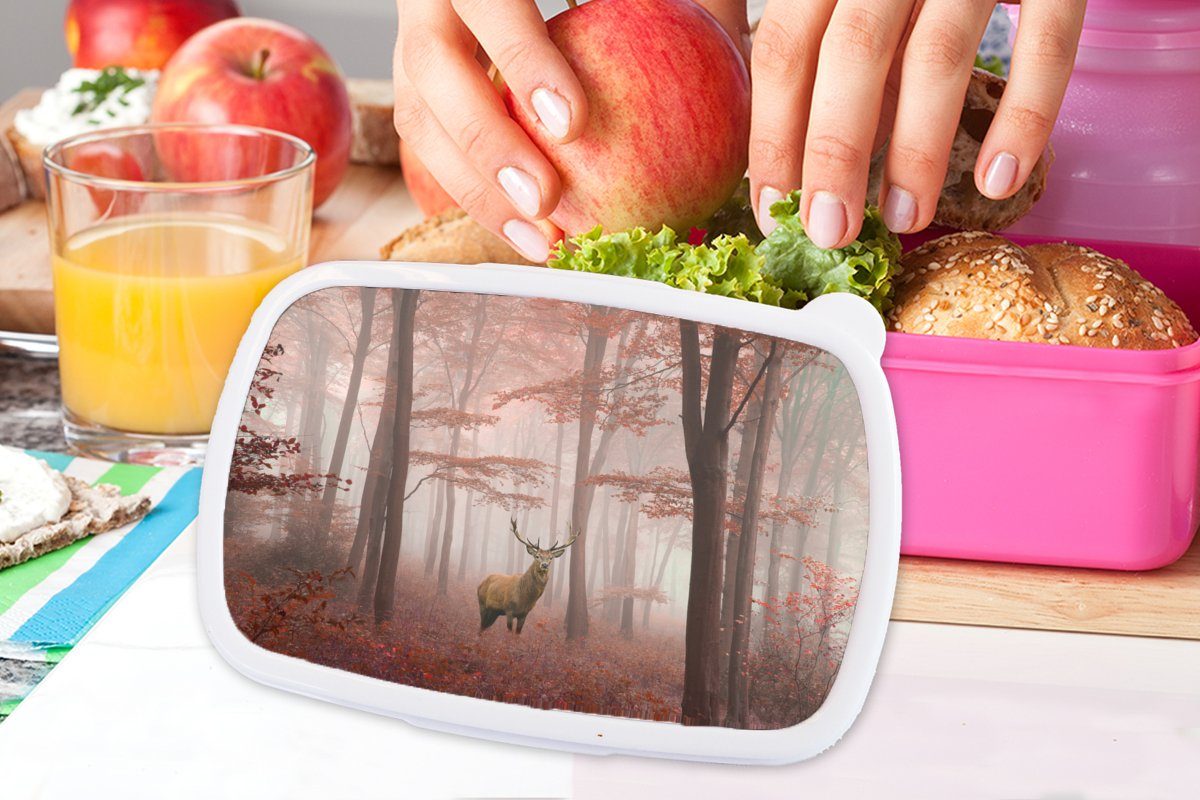MuchoWow Lunchbox Hirsche - Wald Erwachsene, - Kunststoff, - Snackbox, für Brotdose Kunststoff Brotbox (2-tlg), Mädchen, rosa Rot Kinder, Herbst