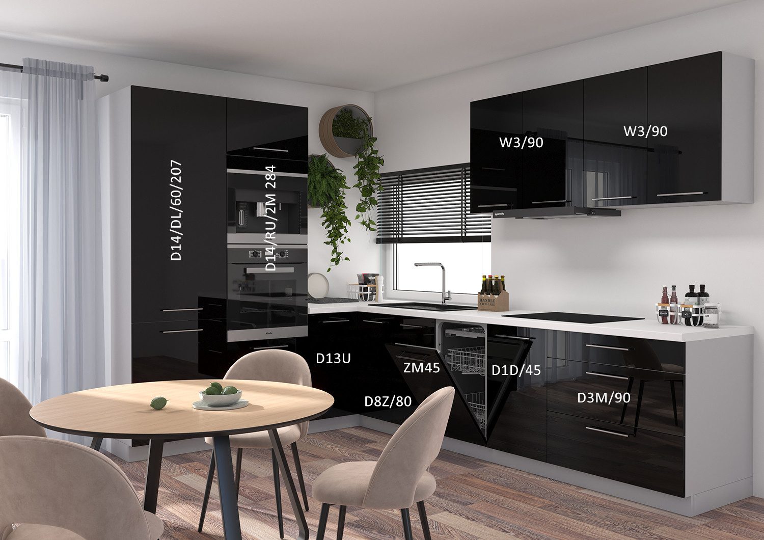 Feldmann-Wohnen Küchenzeile Essen, (Schubladen mit Teilauszug + Selbsteinzug (Blum Metabox), 225x328cm Korpus grau / Front schwarz Hochglanz 9-teilig