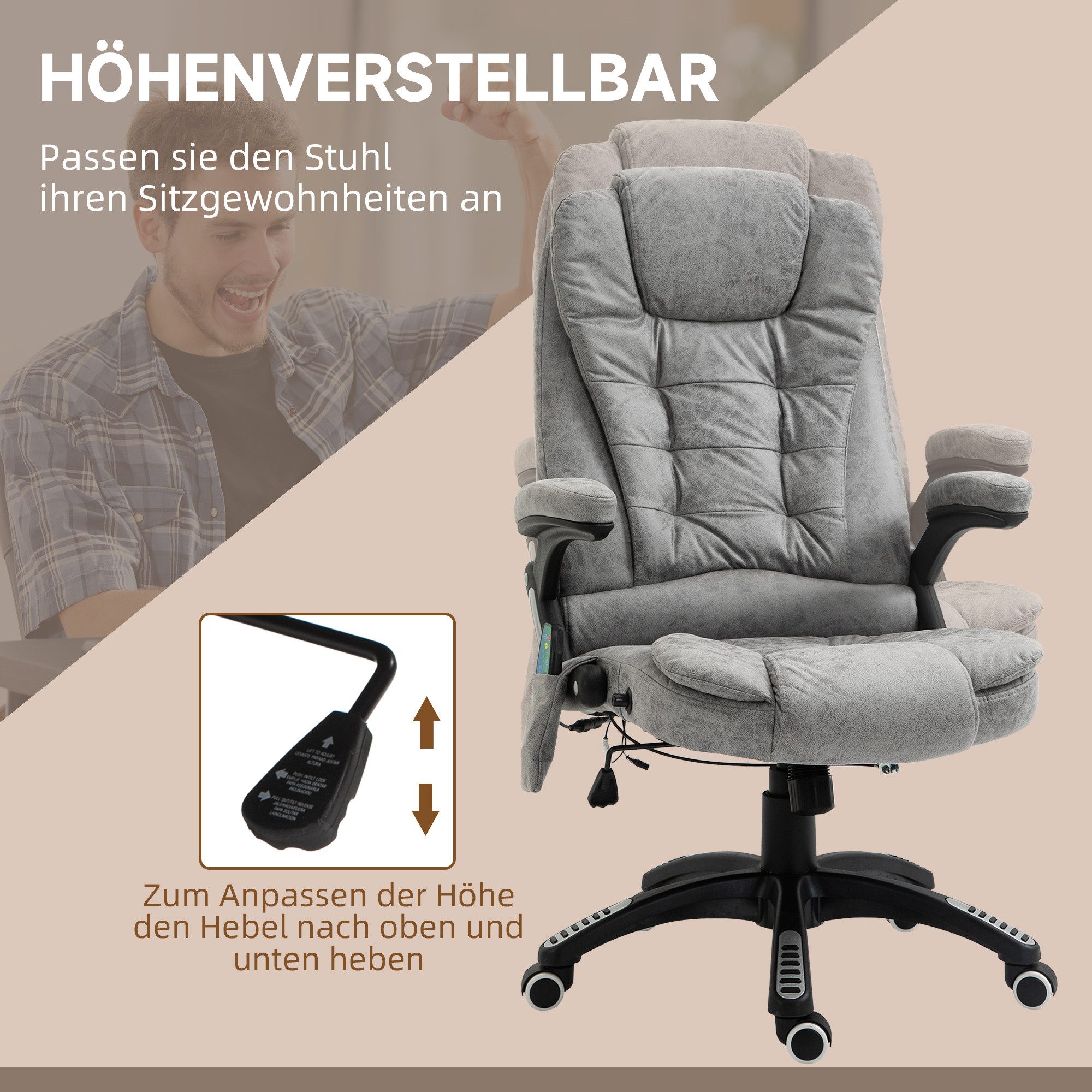 Vinsetto Schreibtischstuhl Ergonomischer Chefsessel mit Heiz-/Liegefunktion u. Computerstuhl (Massagesessel, 1 St), für Wohnbereich, Grau – Bild 5 von 5